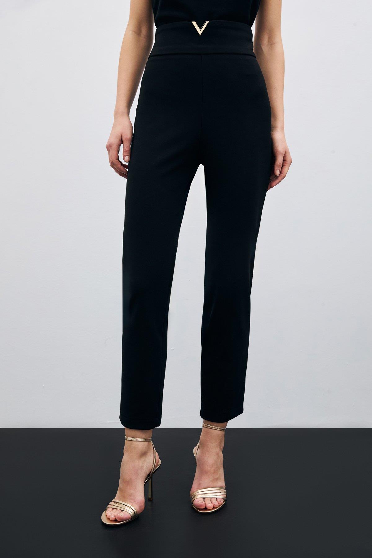 Wholesale Women's Black High-Waist Trousers with Front V-Shaped Accessory 0033-1609-5526