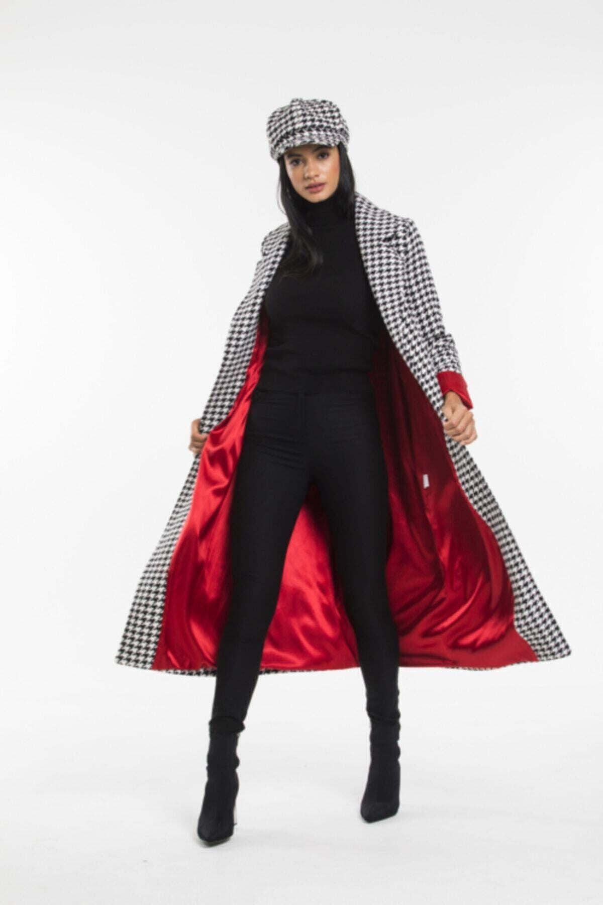 Wholesale Women's Black Houndstooth Satin-Lined Long Coat