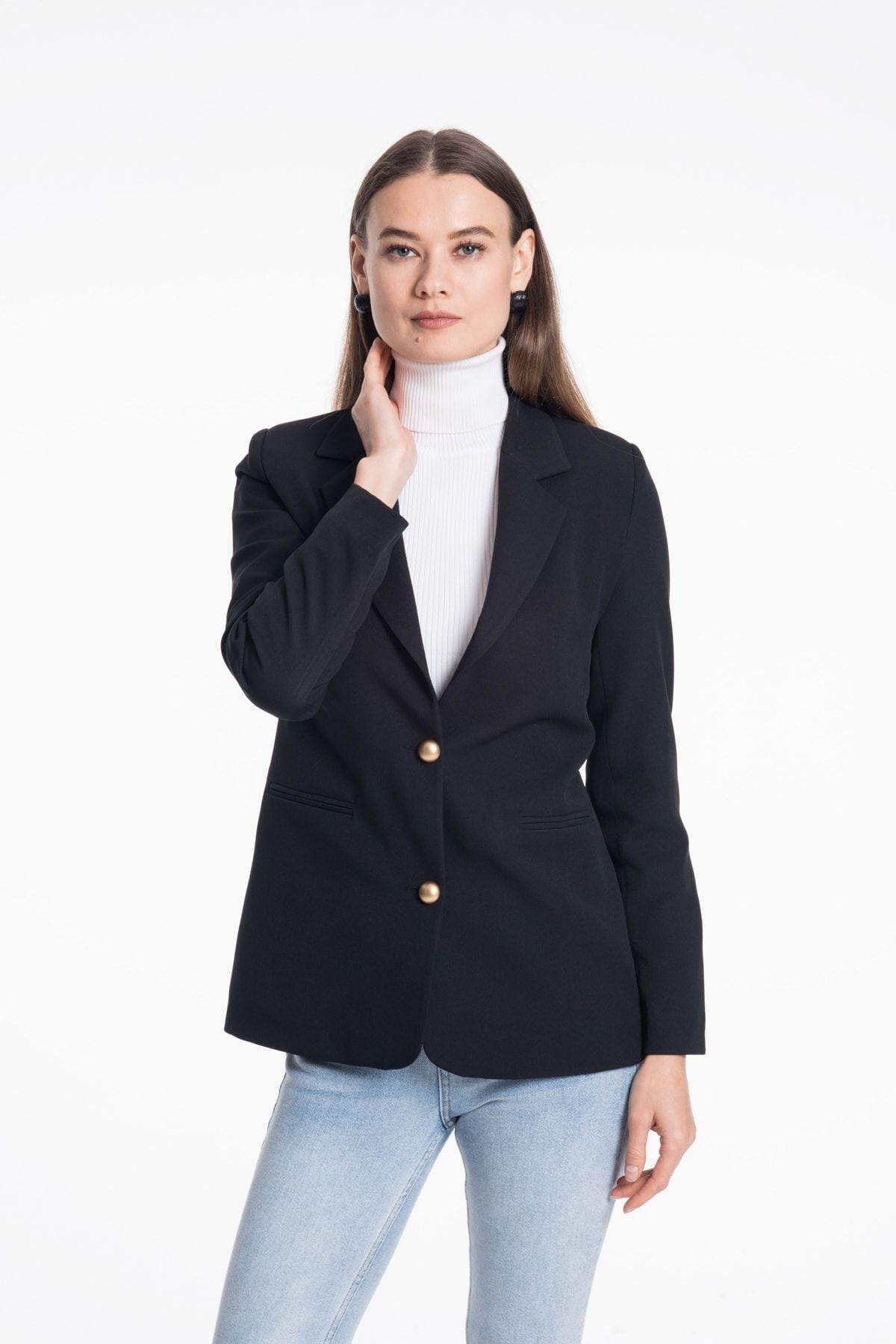 Wholesale Women's Black Jacket with Gold Buttons