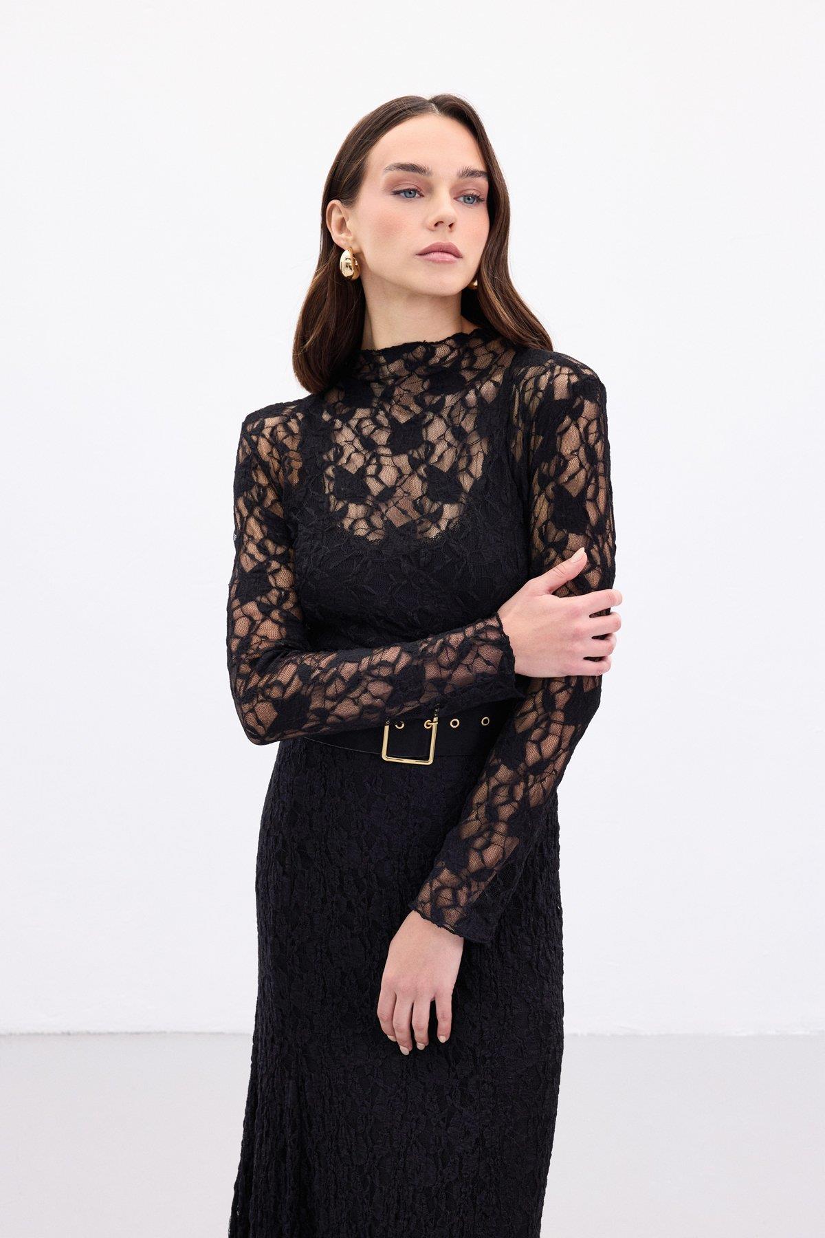 Wholesale Women's Black Lace Long-Sleeve Blouse 0033-2107-1260