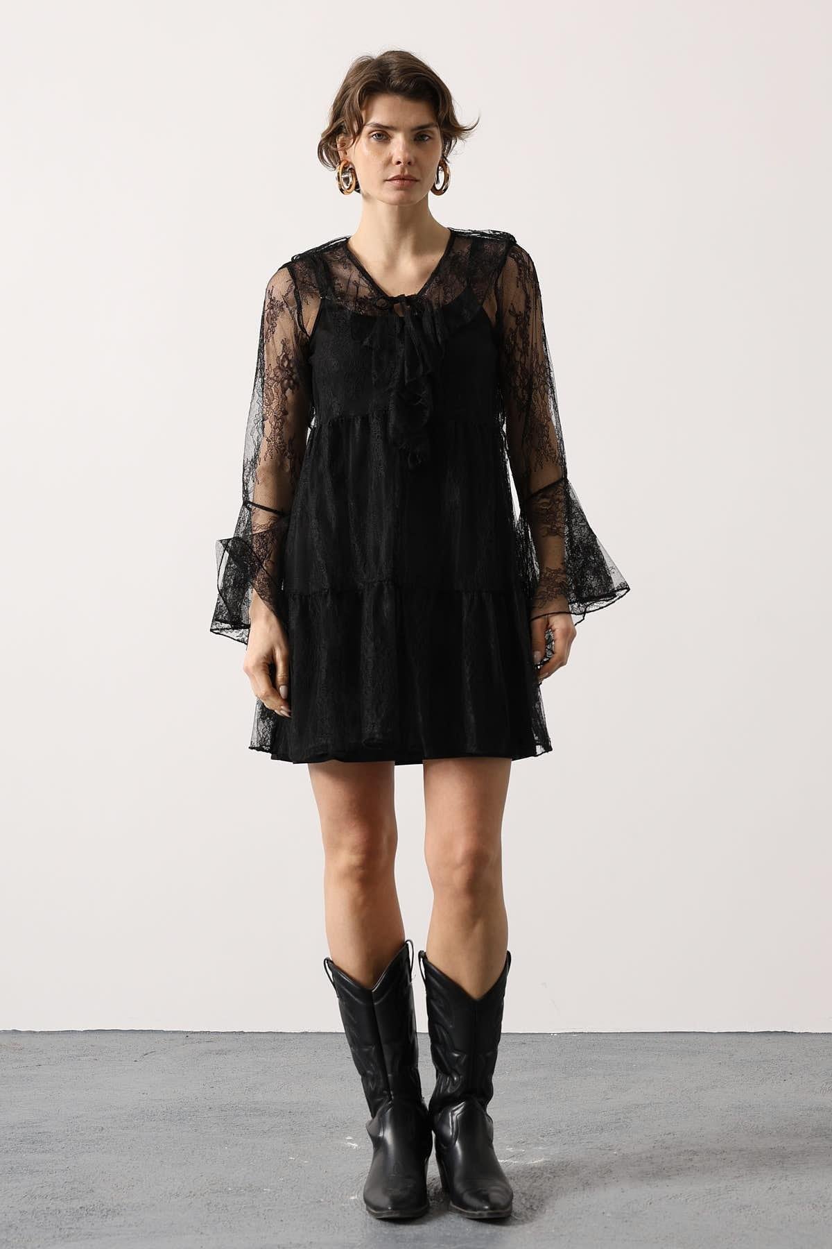 Wholesale Women's Black Lace Mini Dress 0061-35530