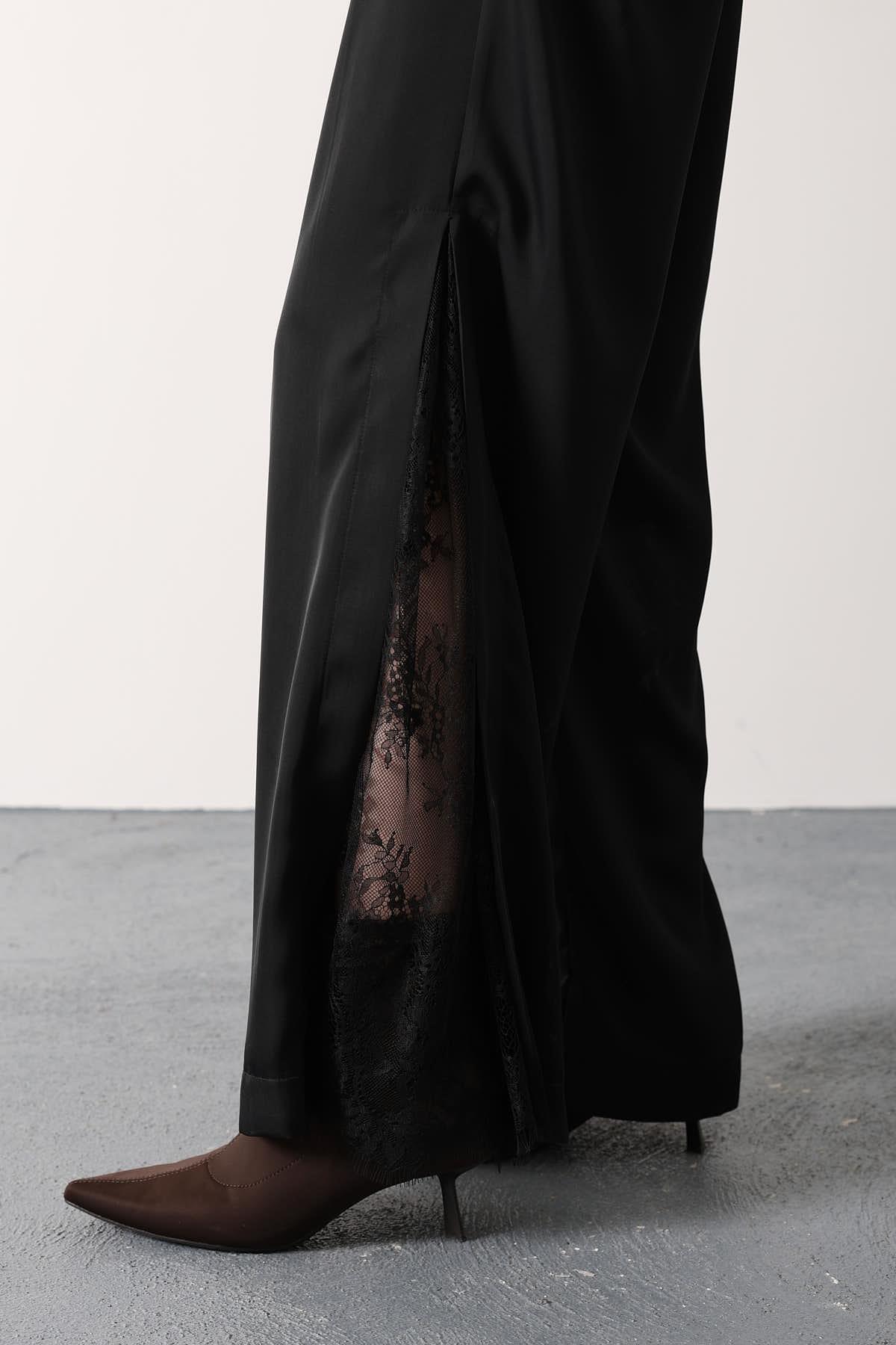 Wholesale Women's Black Lace Satin Trousers with Side Slits 0061-36628