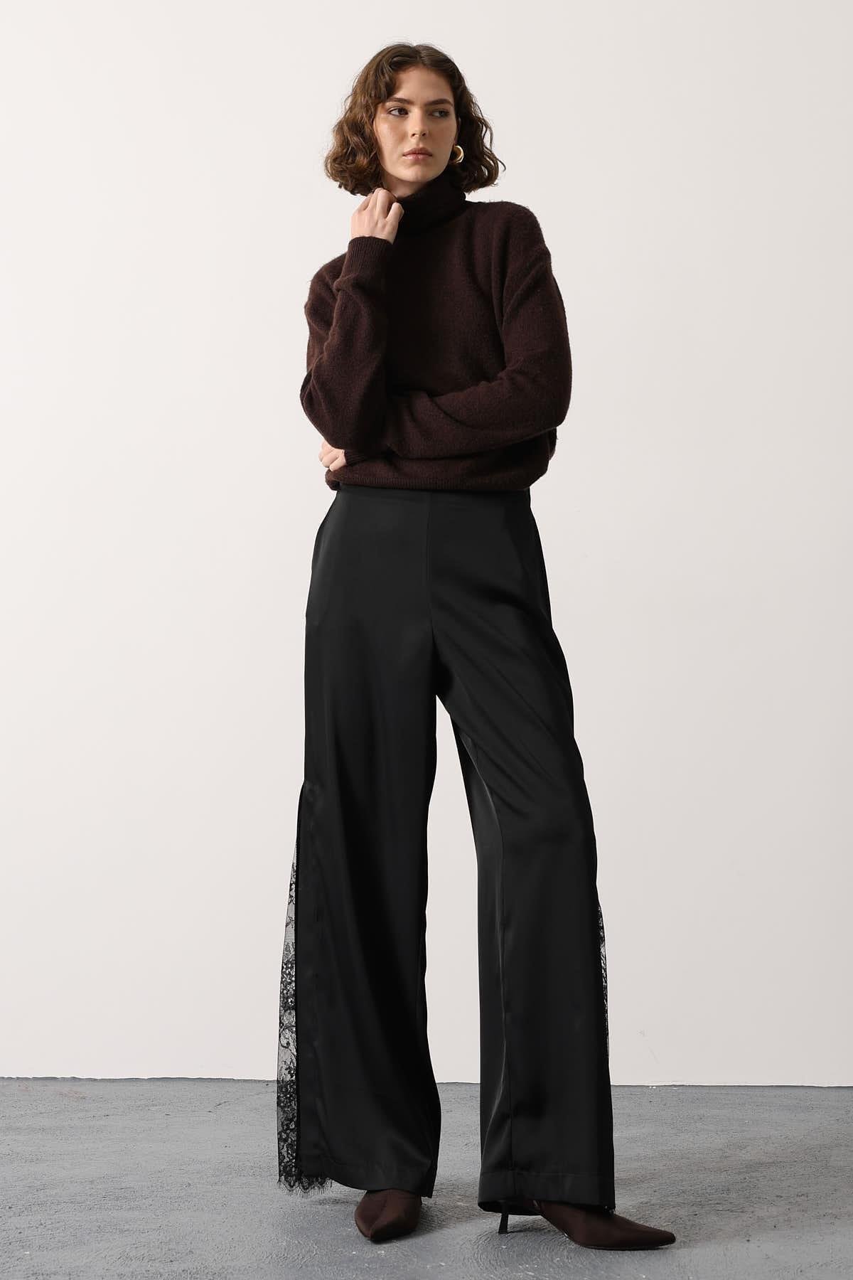 Wholesale Women's Black Lace Satin Trousers with Side Slits 0061-36628