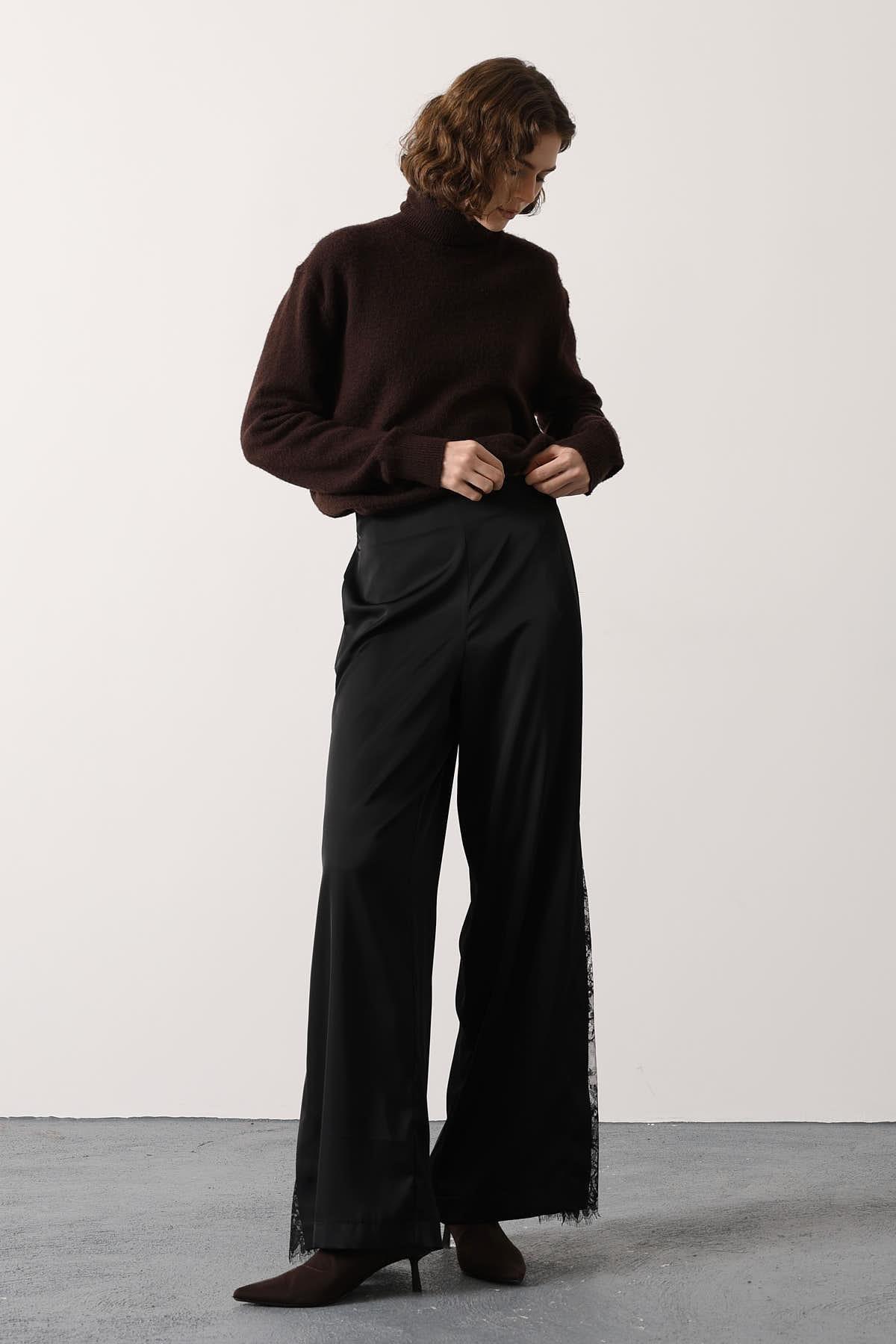 Wholesale Women's Black Lace Satin Trousers with Side Slits 0061-36628