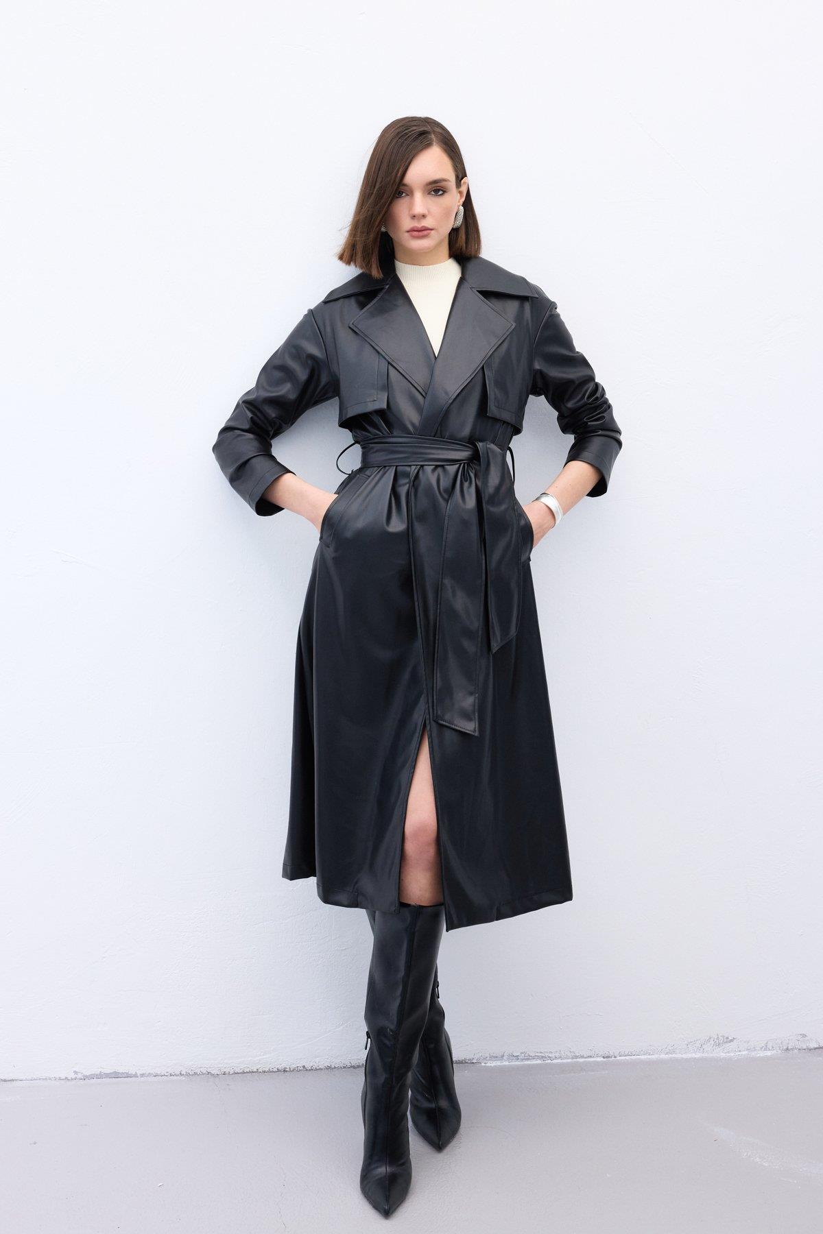Wholesale Women's Black Leather Trench Coat 0033-665-6517