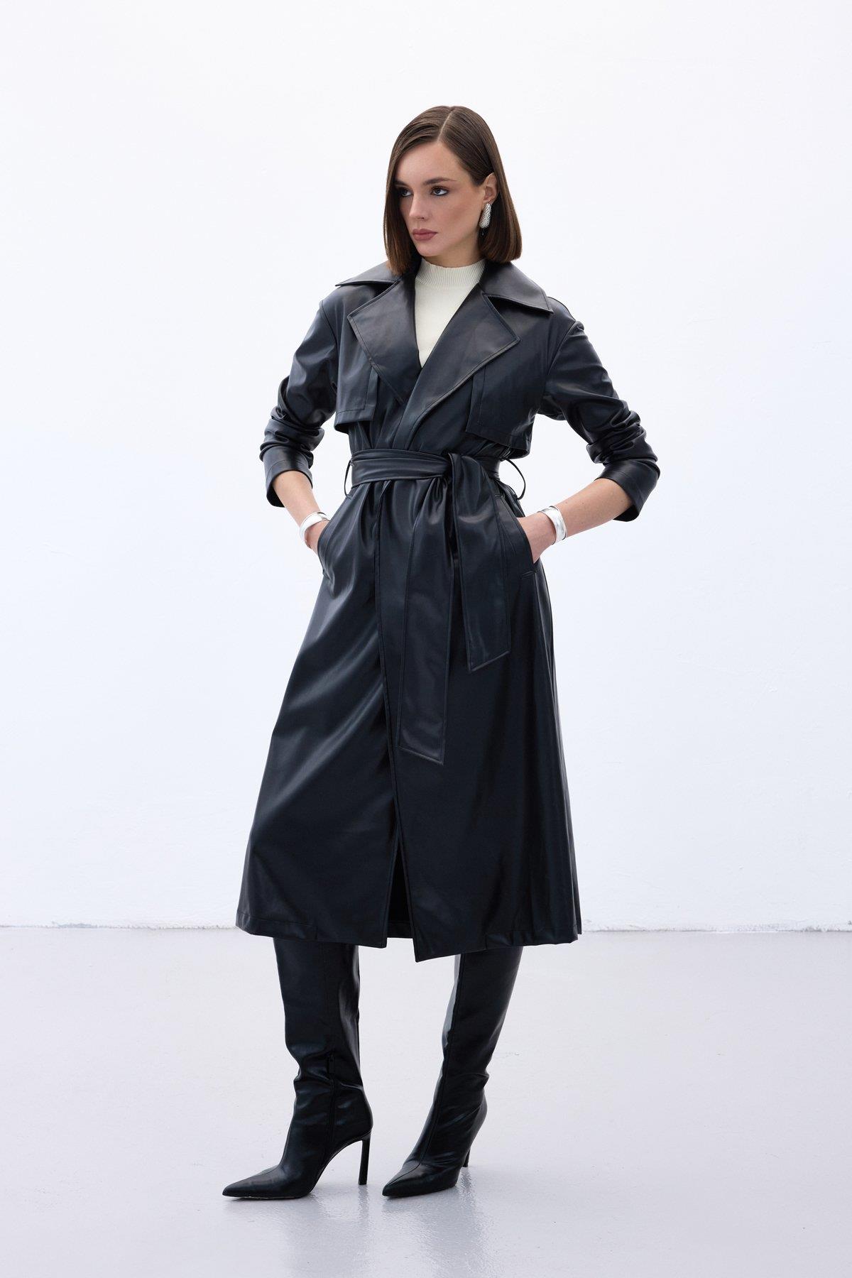 Wholesale Women's Black Leather Trench Coat 0033-665-6517