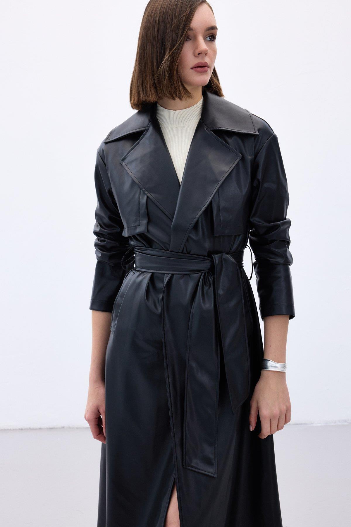 Wholesale Women's Black Leather Trench Coat 0033-665-6517