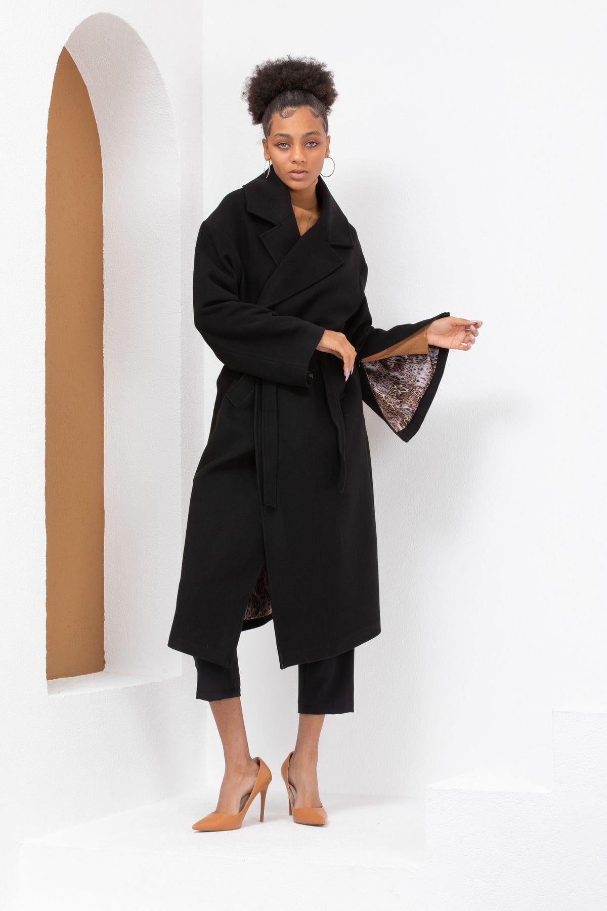 Wholesale Women's Black Leopard Lined Wool Zippered Sleeves Belted Coat