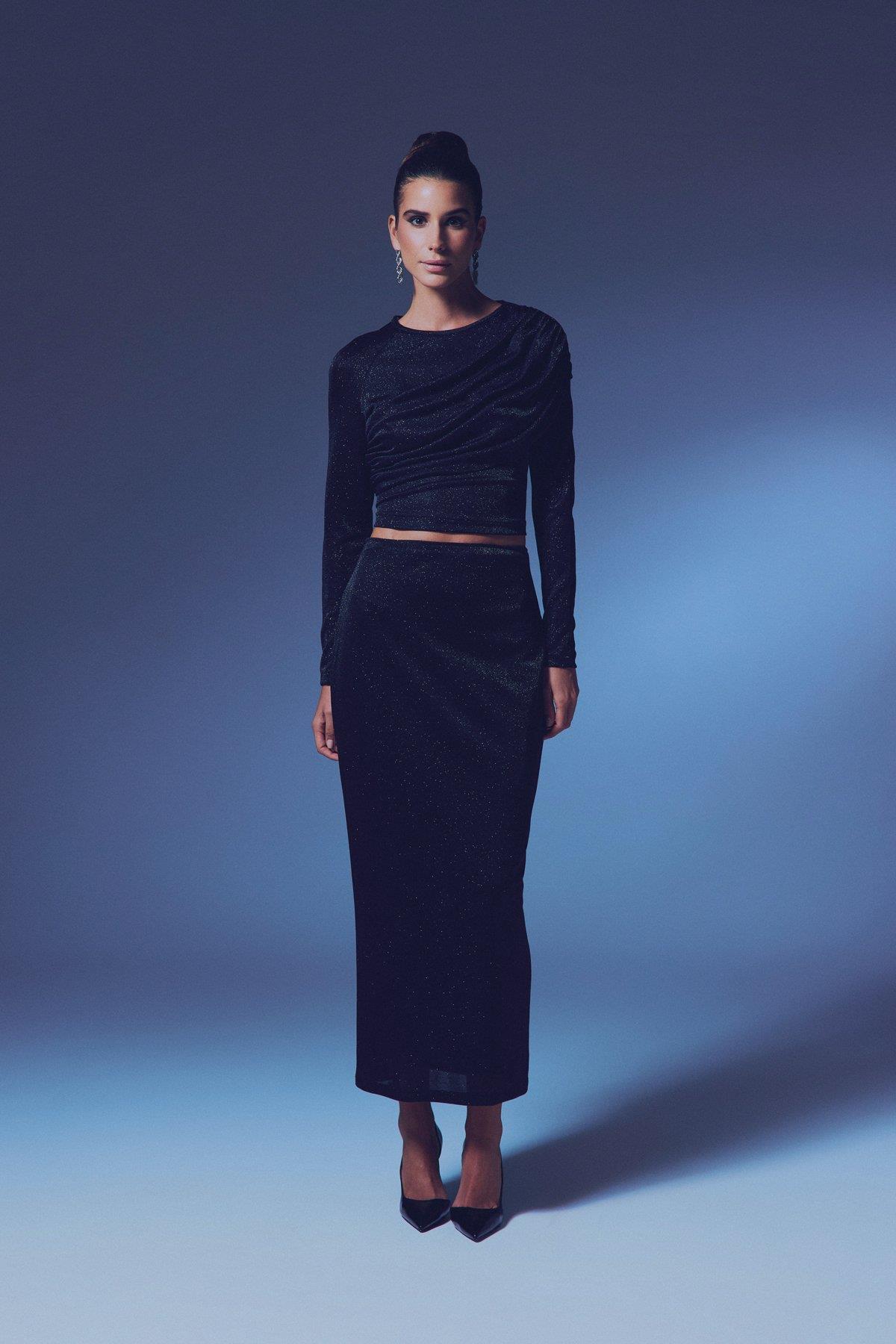 Wholesale Women's Black Lurex Maxi Skirt 0033-1656-4532