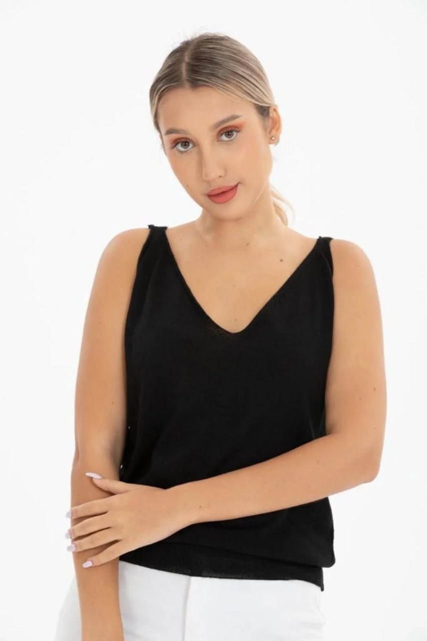 Wholesale Women's Black Mercerized Knit Top with Front and Back V-Neck 0037-3360