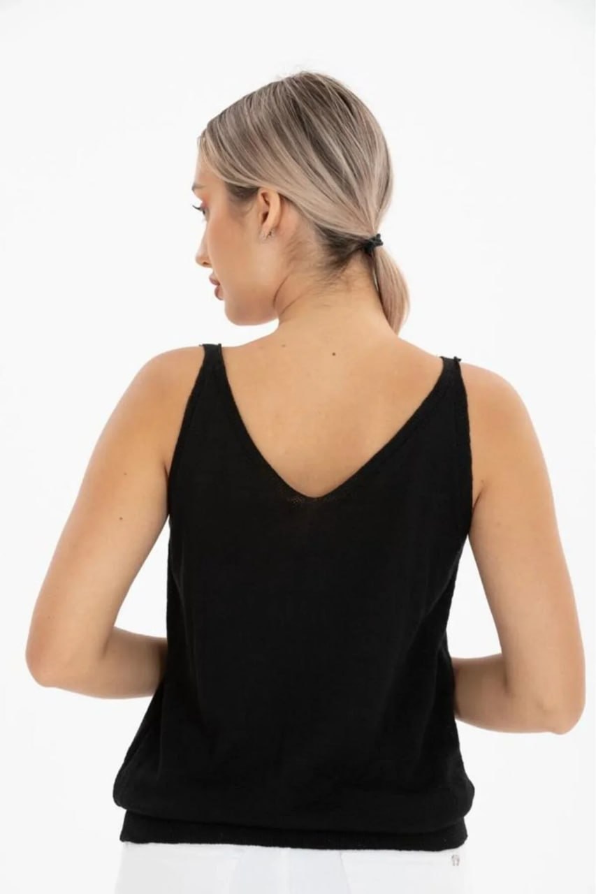 Wholesale Women's Black Mercerized Knit Top with Front and Back V-Neck 0037-3360