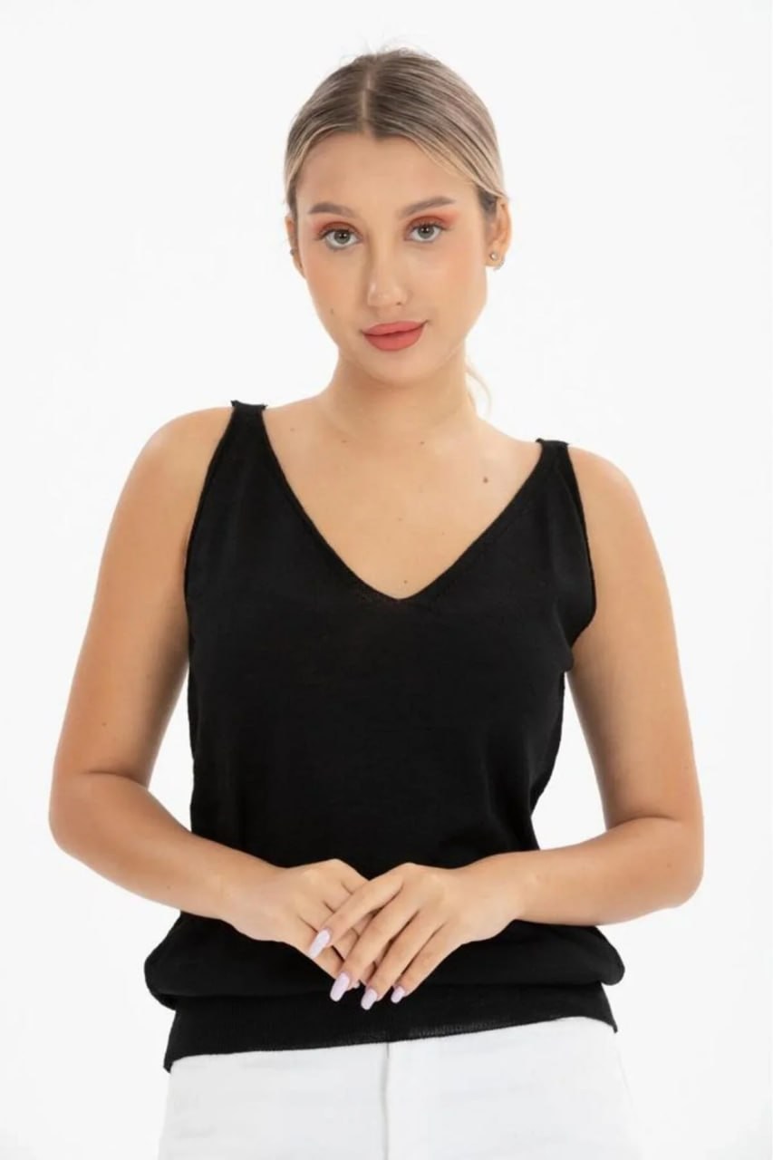 Wholesale Women's Black Mercerized Knit Top with Front and Back V-Neck 0037-3360