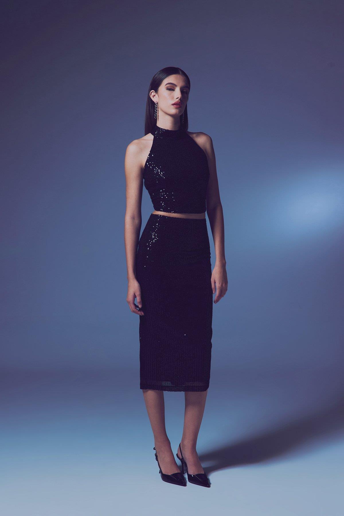 Wholesale Women's Black Midi-Length Sequined Pencil Skirt 0033-2093-4524