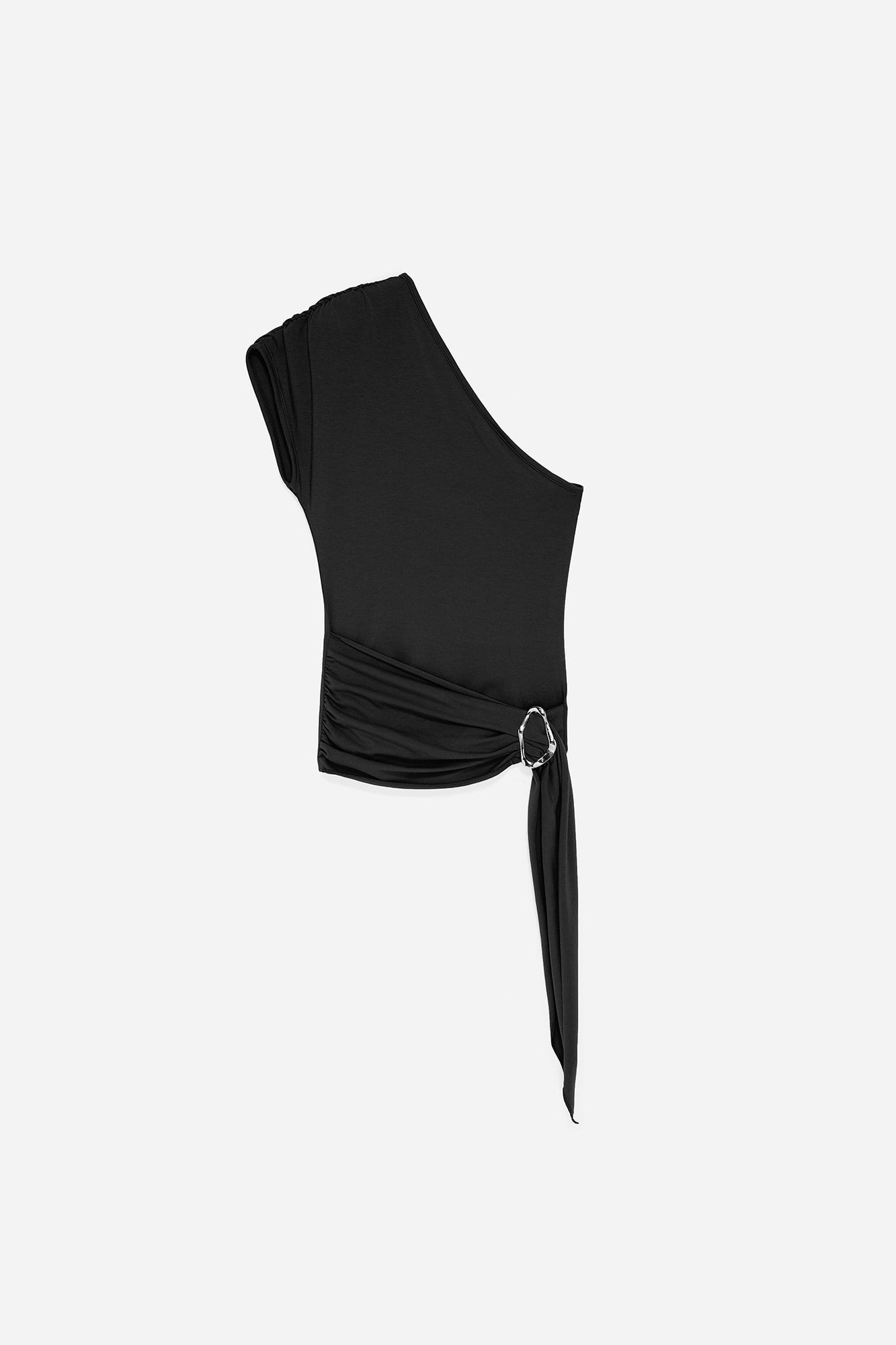 Wholesale Women's Black One-Shoulder Buckle-Detailed Draped Top 0431-32877