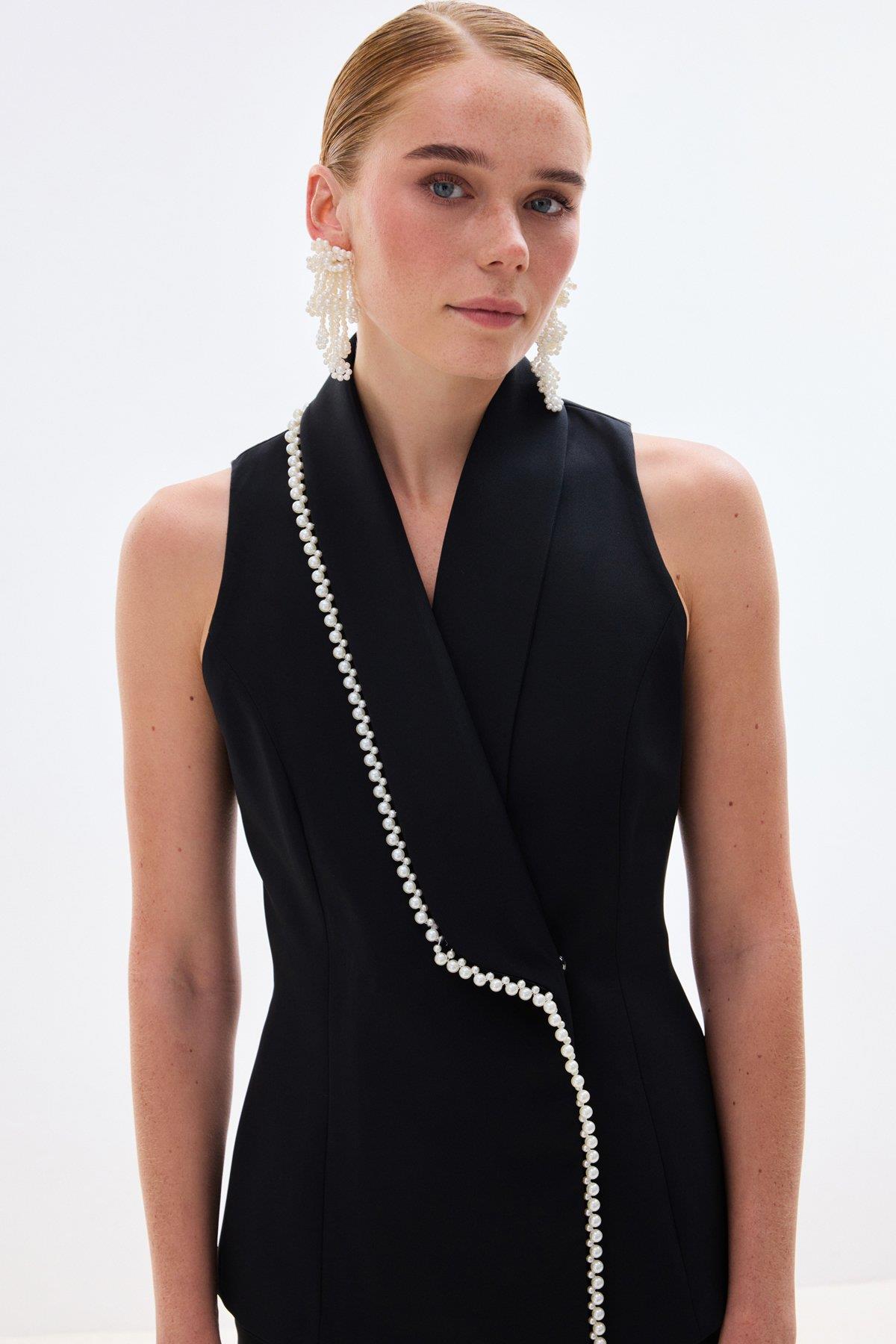 Wholesale Women's Black Pearl-Embellished Wrap Waistcoat 0033-1910-6596