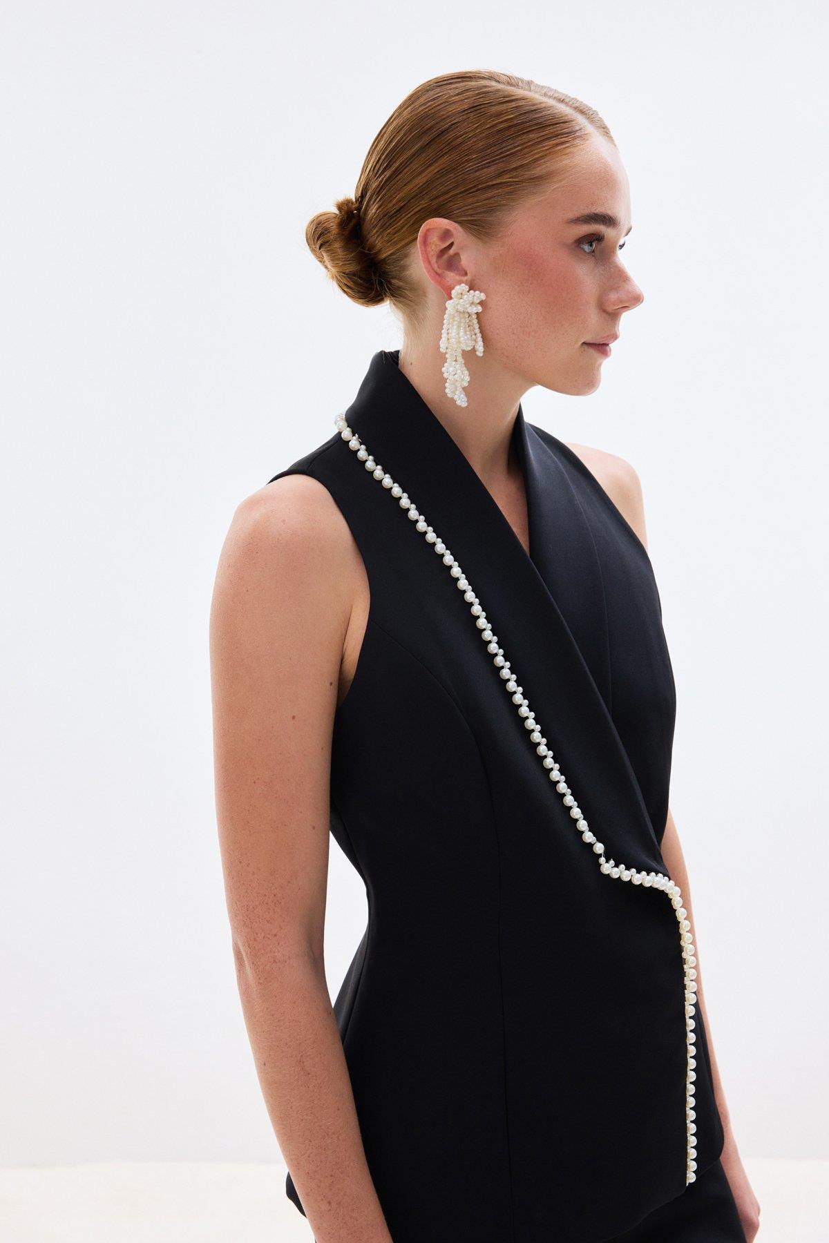 Wholesale Women's Black Pearl-Embellished Wrap Waistcoat 0033-1910-6596