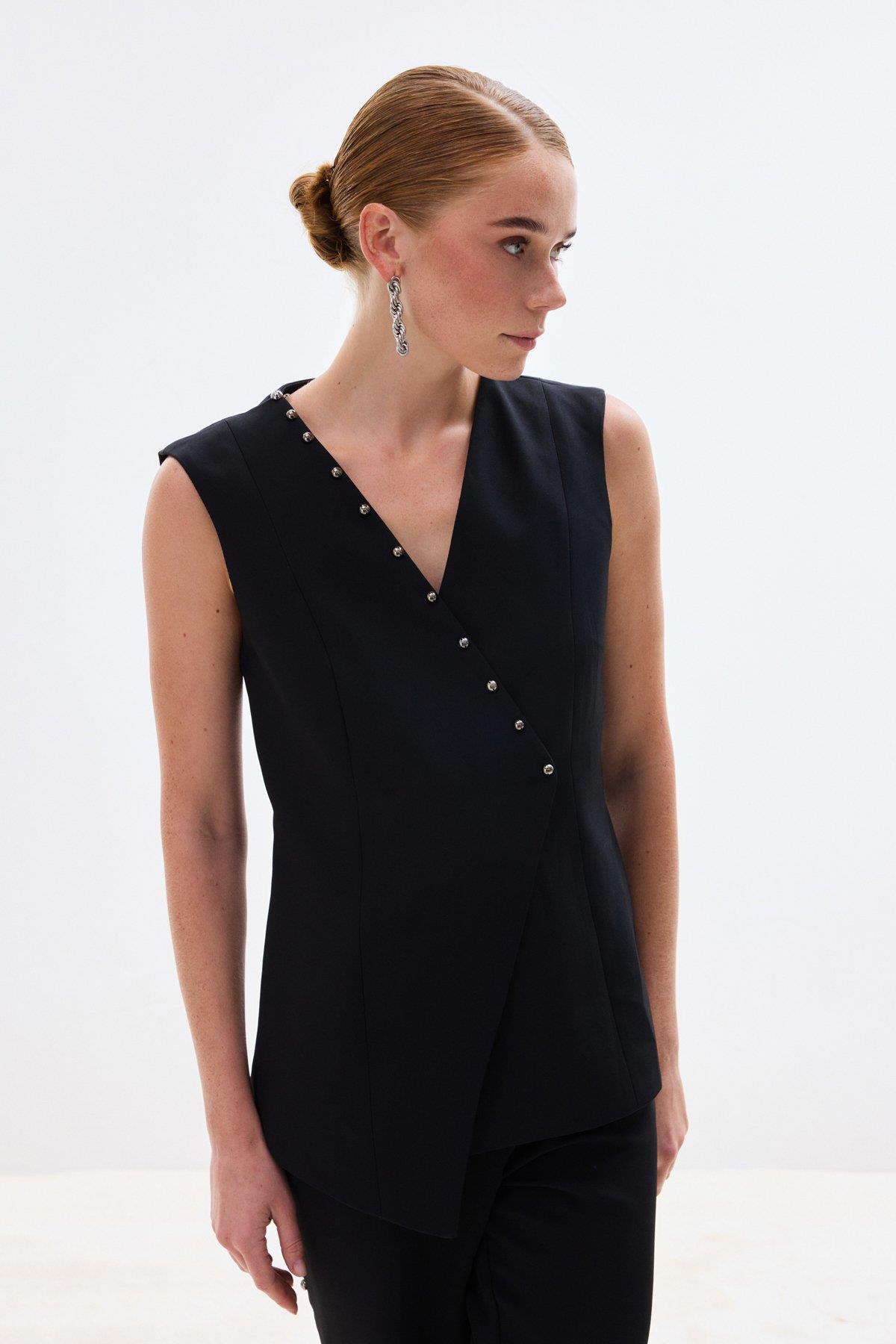 Wholesale Women's Black Pearl-Embellished Wrap Waistcoat 0033-1909-6597