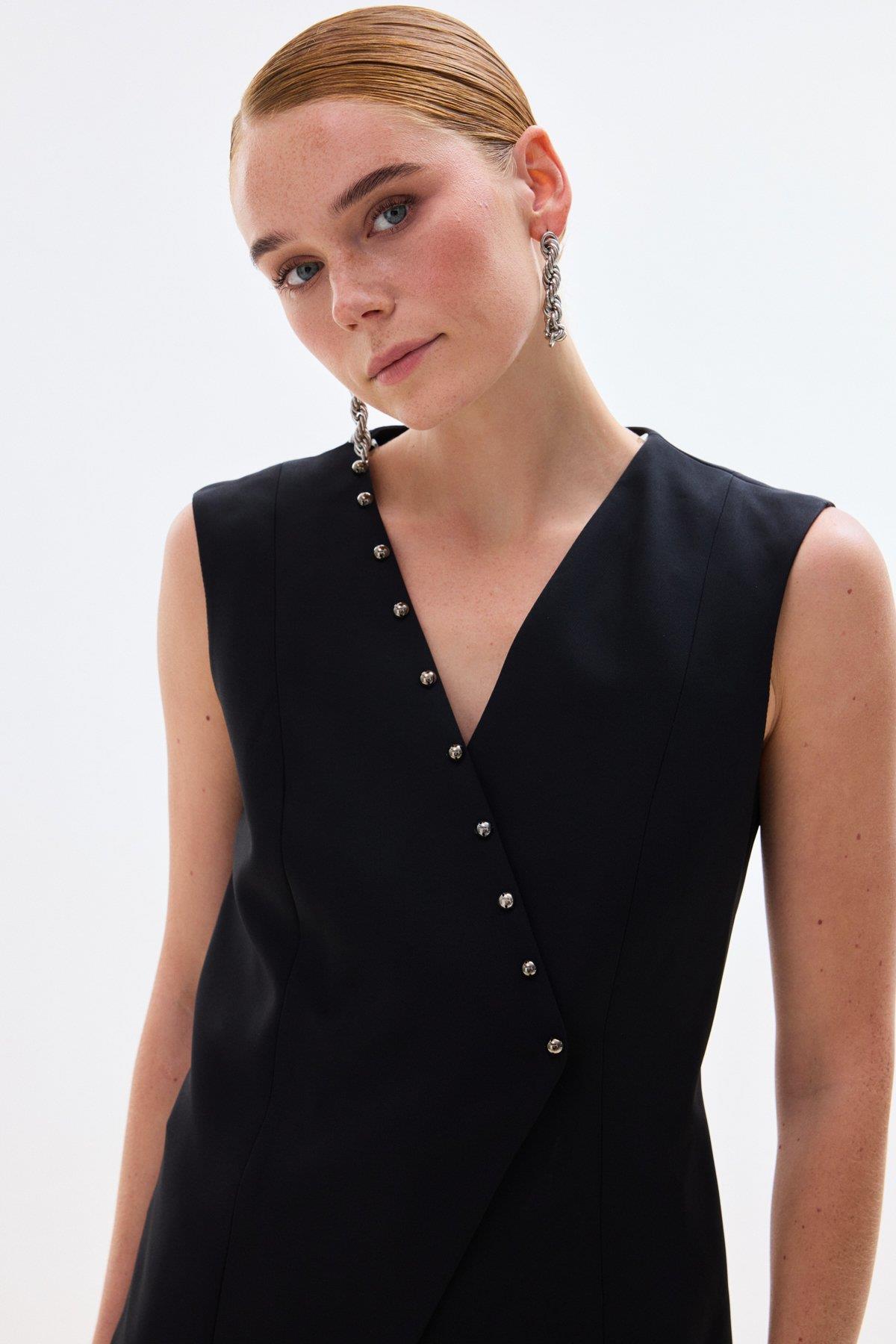 Wholesale Women's Black Pearl-Embellished Wrap Waistcoat 0033-1909-6597