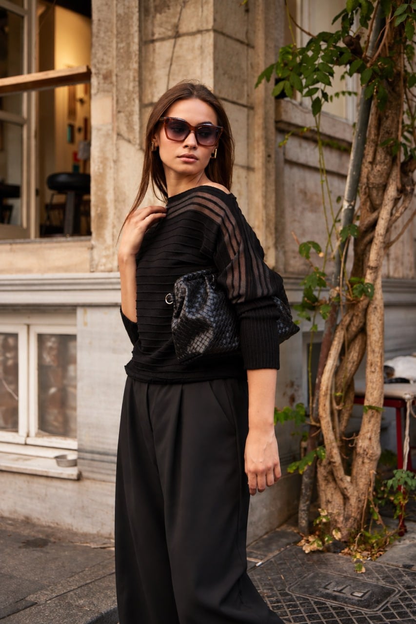 Wholesale Women's Black Pleated-Texture Mercerized Knit Sweater with Sheer Yoke 0037-3711