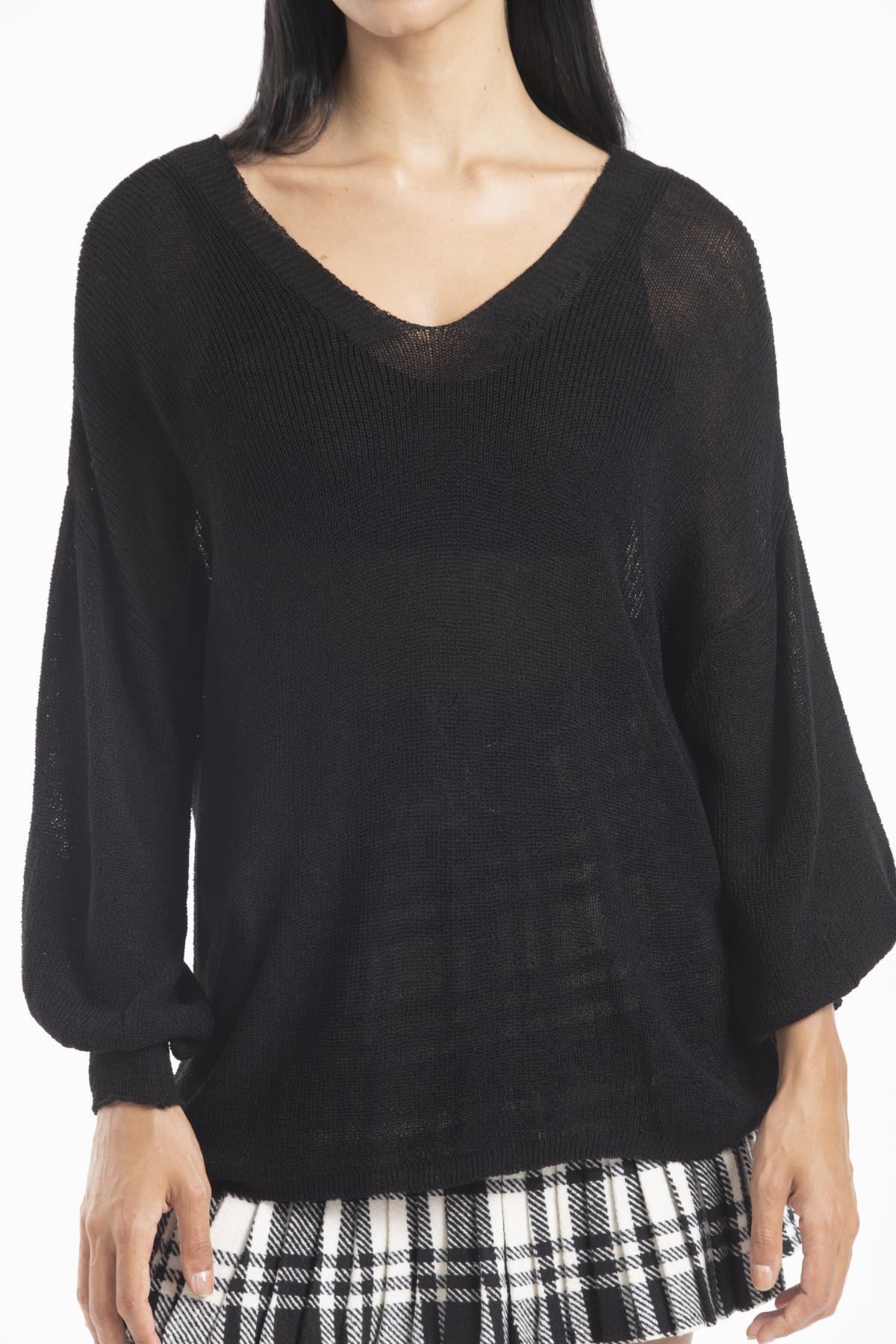Wholesale Women's Black Relaxed-Fit Mercerized Knit Sweater with Front and Back V-Neck 0037-3276