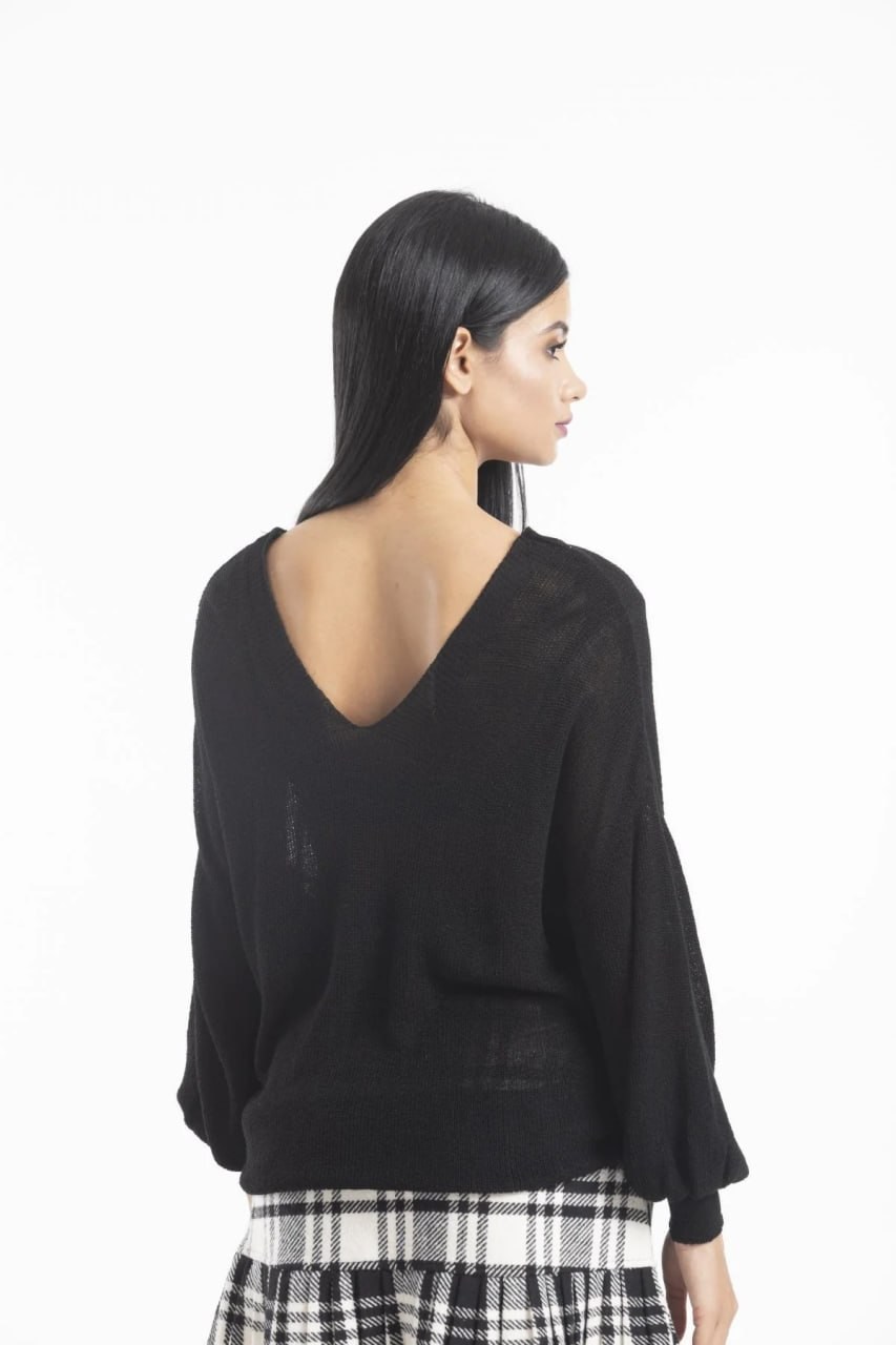 Wholesale Women's Black Relaxed-Fit Mercerized Knit Sweater with Front and Back V-Neck 0037-3276