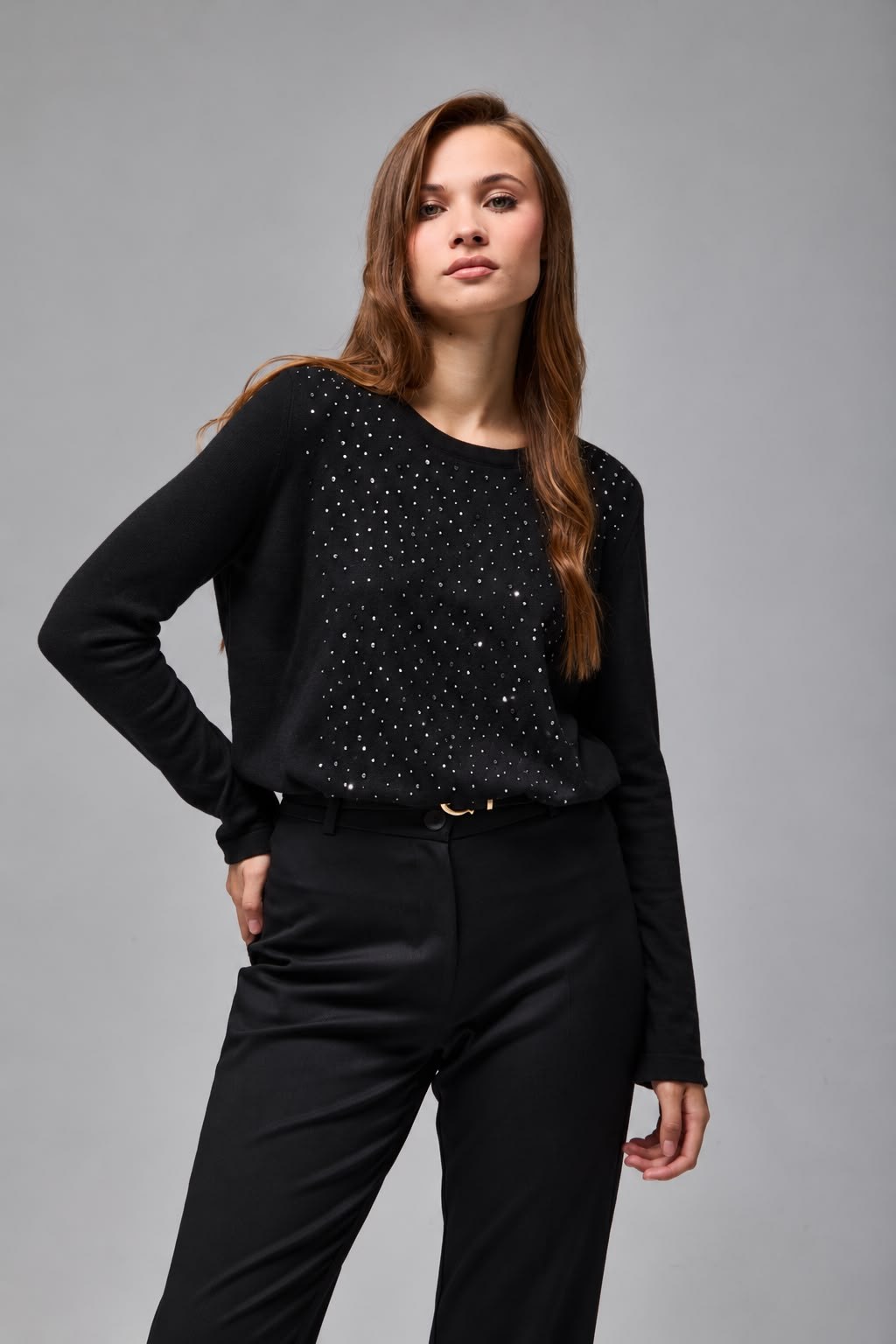 Wholesale Women's Black Rhinestone-Embellished Crew-Neck Knit Sweater 0037-3717