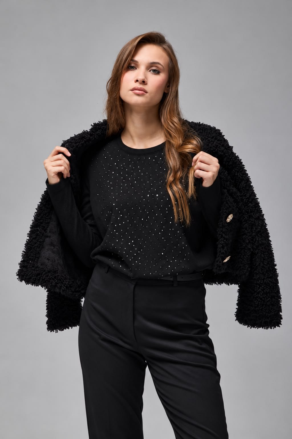 Wholesale Women's Black Rhinestone-Embellished Crew-Neck Knit Sweater 0037-3717