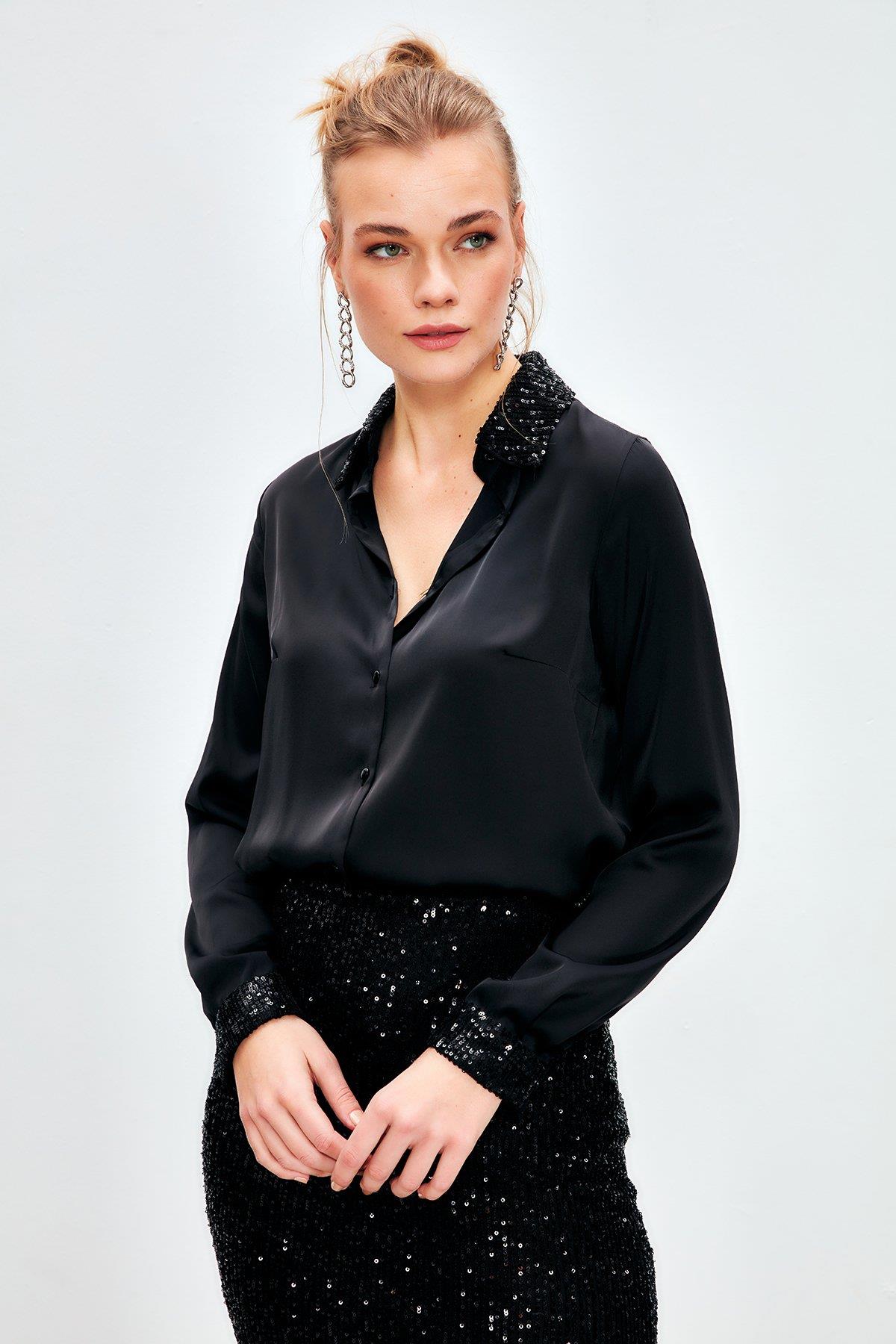 Wholesale Women's Black Satin Shirt with Sequin-Embellished Collar and Cuffs 0033-1281-2524