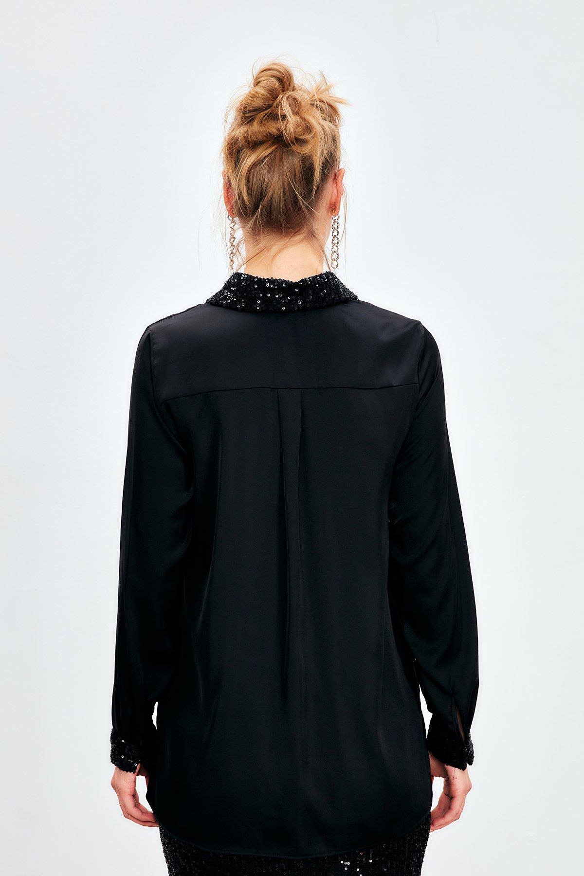 Wholesale Women's Black Satin Shirt with Sequin-Embellished Collar and Cuffs 0033-1281-2524