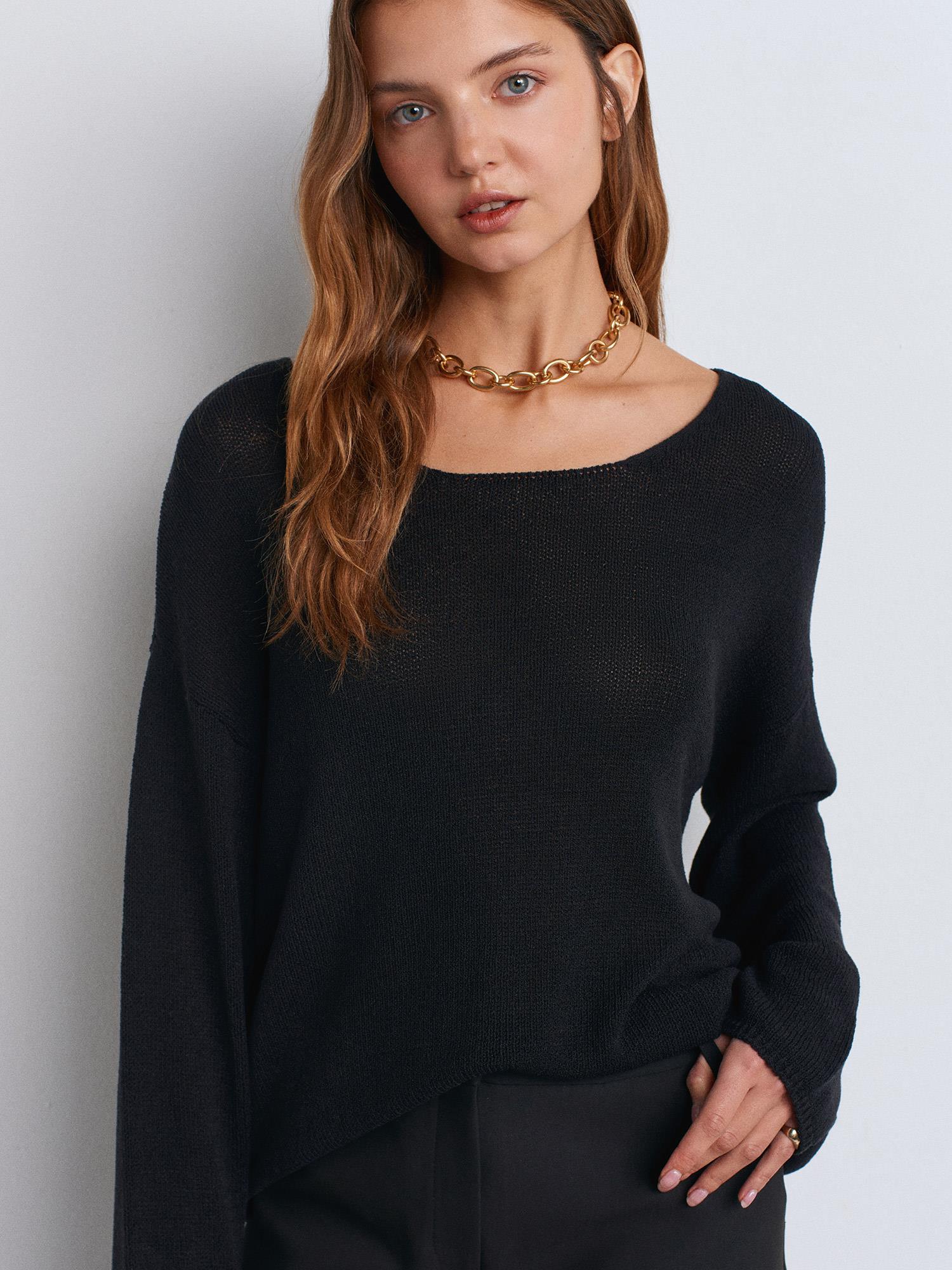Wholesale Women's Black Scoop-Neck Flowy Sweater 0431W26-10706