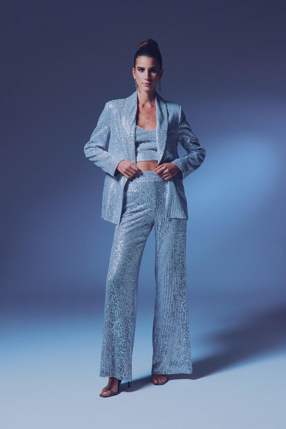 Wholesale Women's Black Sequined Loose-Fit Trousers 0033-2075-5519