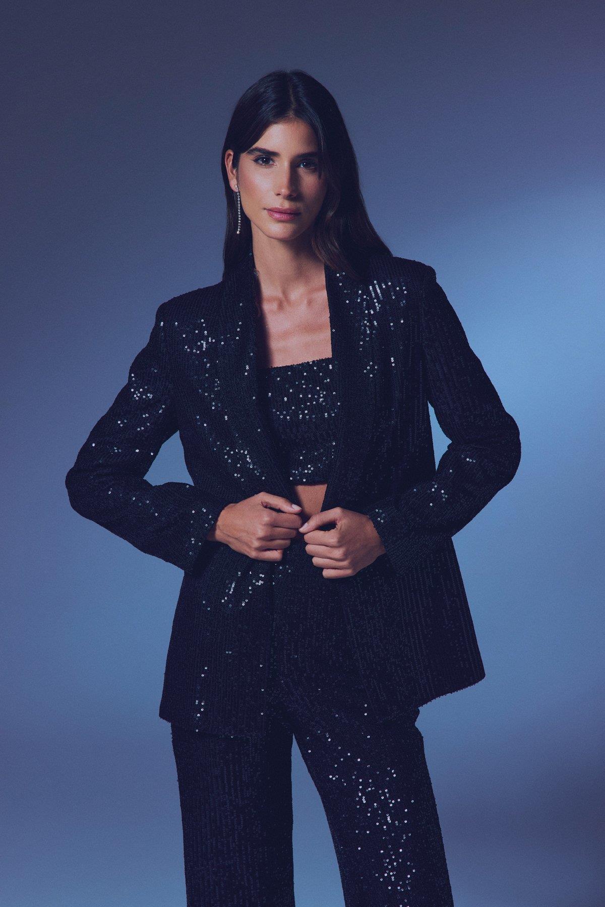 Wholesale Women's Black Sequined Loose-Fit Blazer 0033-1673-6560