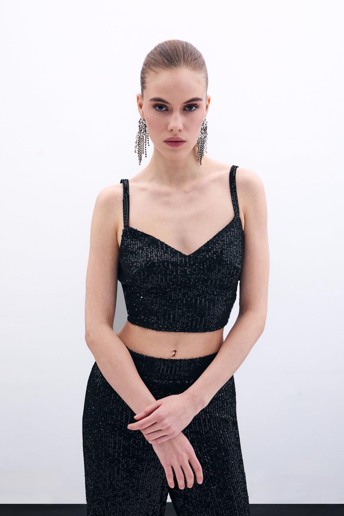 Wholesale Women's Black Sequined Strappy Crop Top 0033-1674-1554