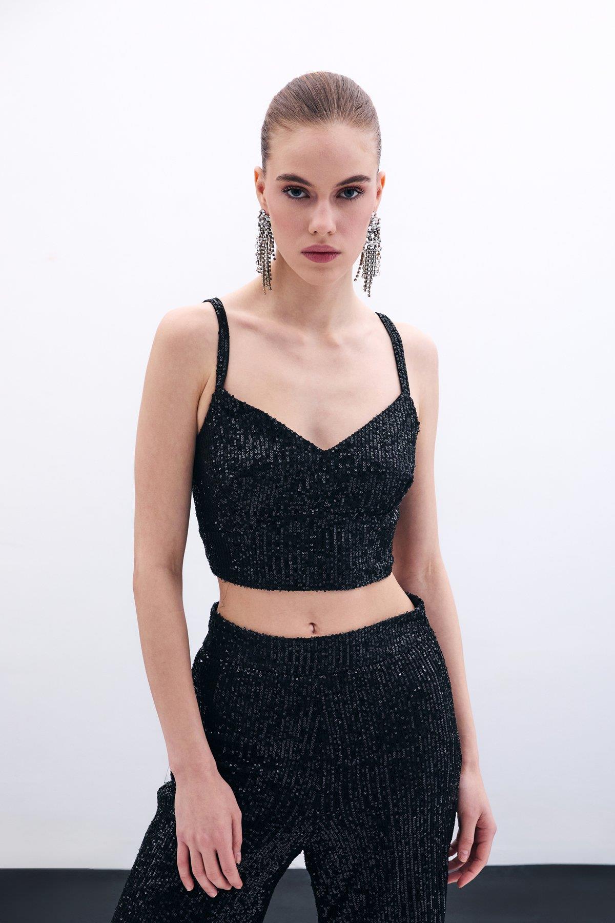 Wholesale Women's Black Sequined Strappy Crop Top 0033-1674-1554