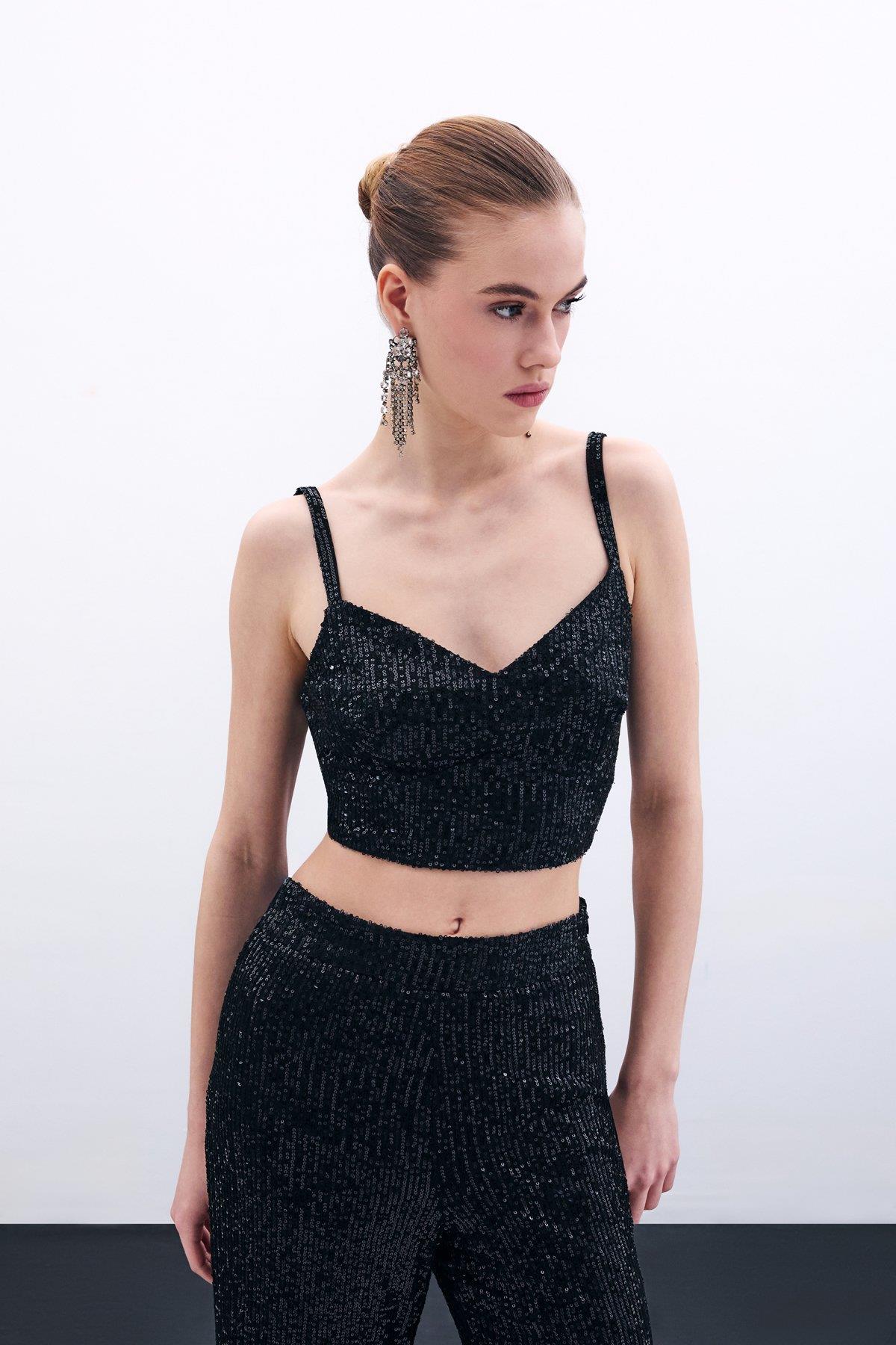 Wholesale Women's Black Sequined Strappy Crop Top 0033-1674-1554