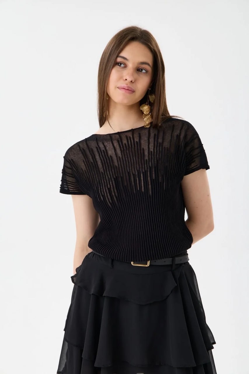 Wholesale Women's Black Sheer Mercerized Fine Knit Blouse with Boat Neck and Short Sleeves 0037-3625