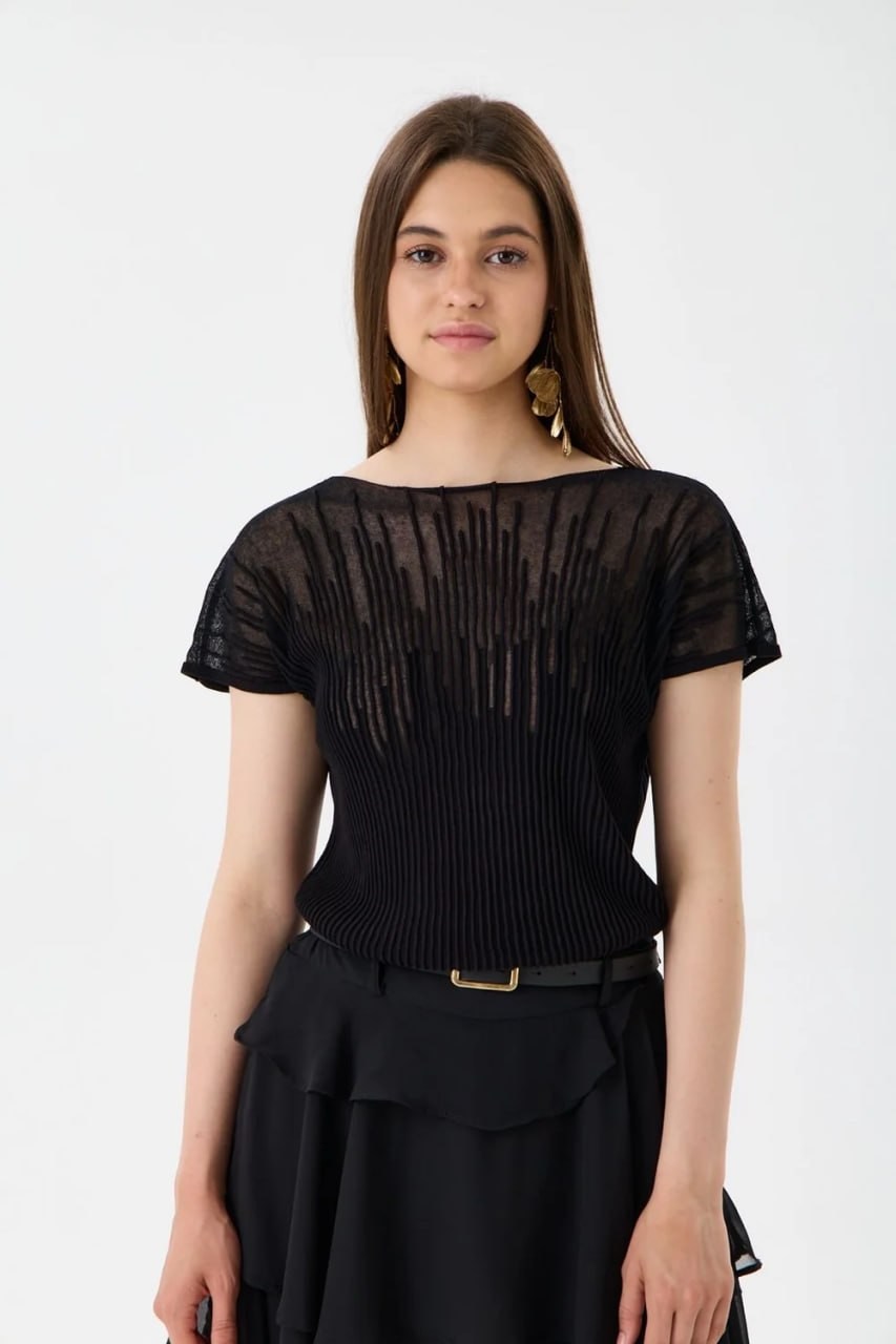 Wholesale Women's Black Sheer Mercerized Fine Knit Blouse with Boat Neck and Short Sleeves 0037-3625