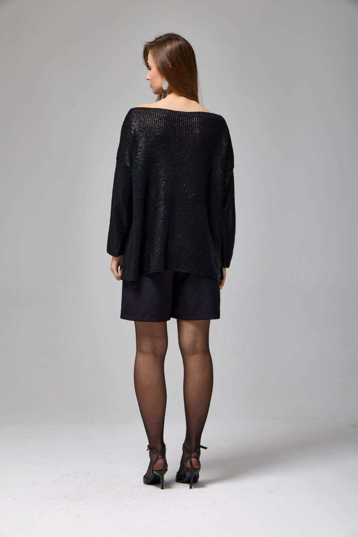 Wholesale Women's Black Shimmering Ribbed Knit Sweater 0037-3714