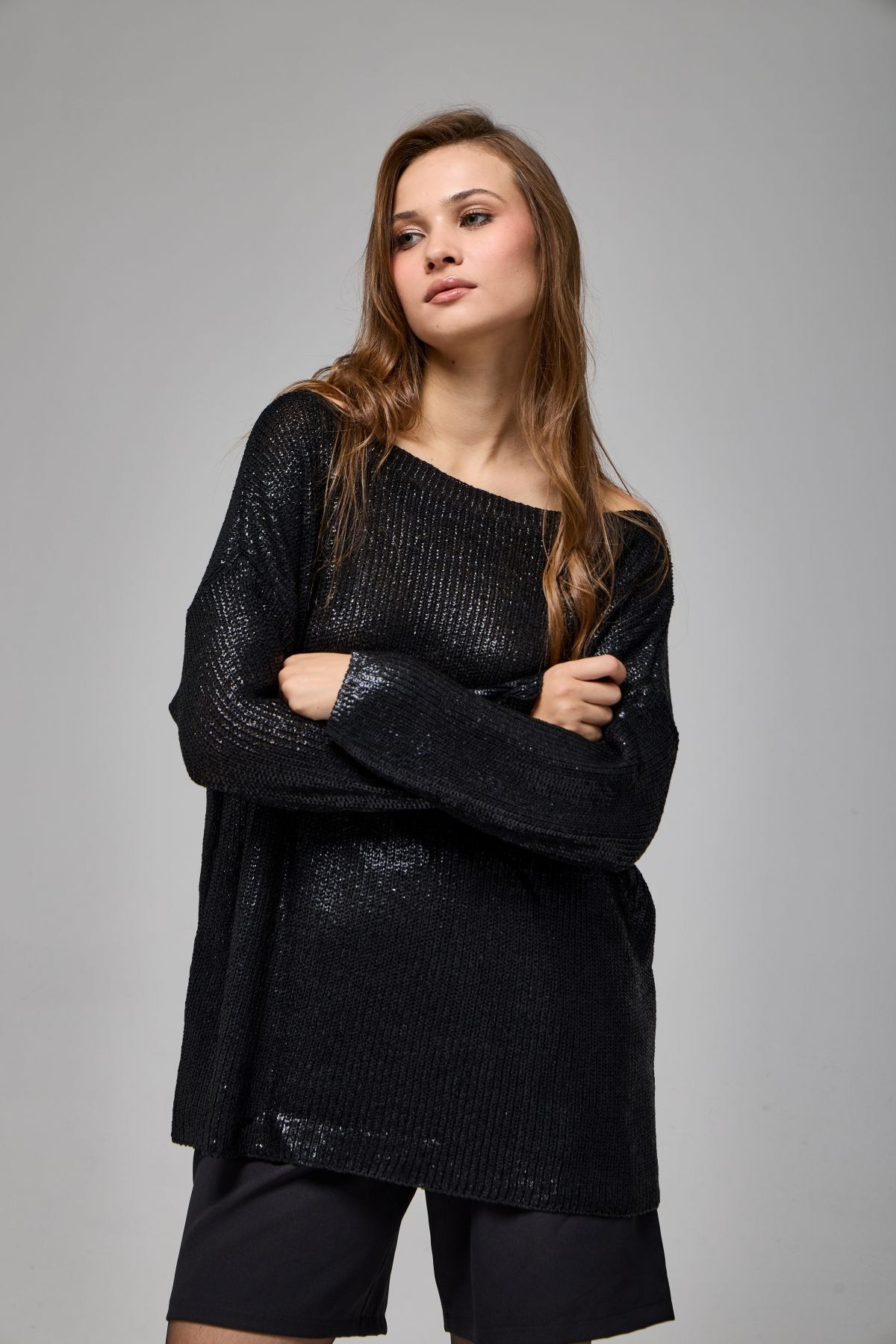 Wholesale Women's Black Shimmering Ribbed Knit Sweater 0037-3714