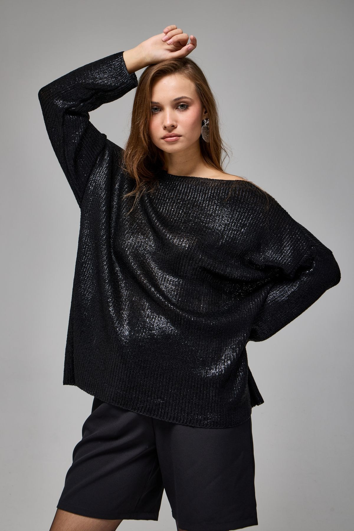 Wholesale Women's Black Shimmering Ribbed Knit Sweater 0037-3714
