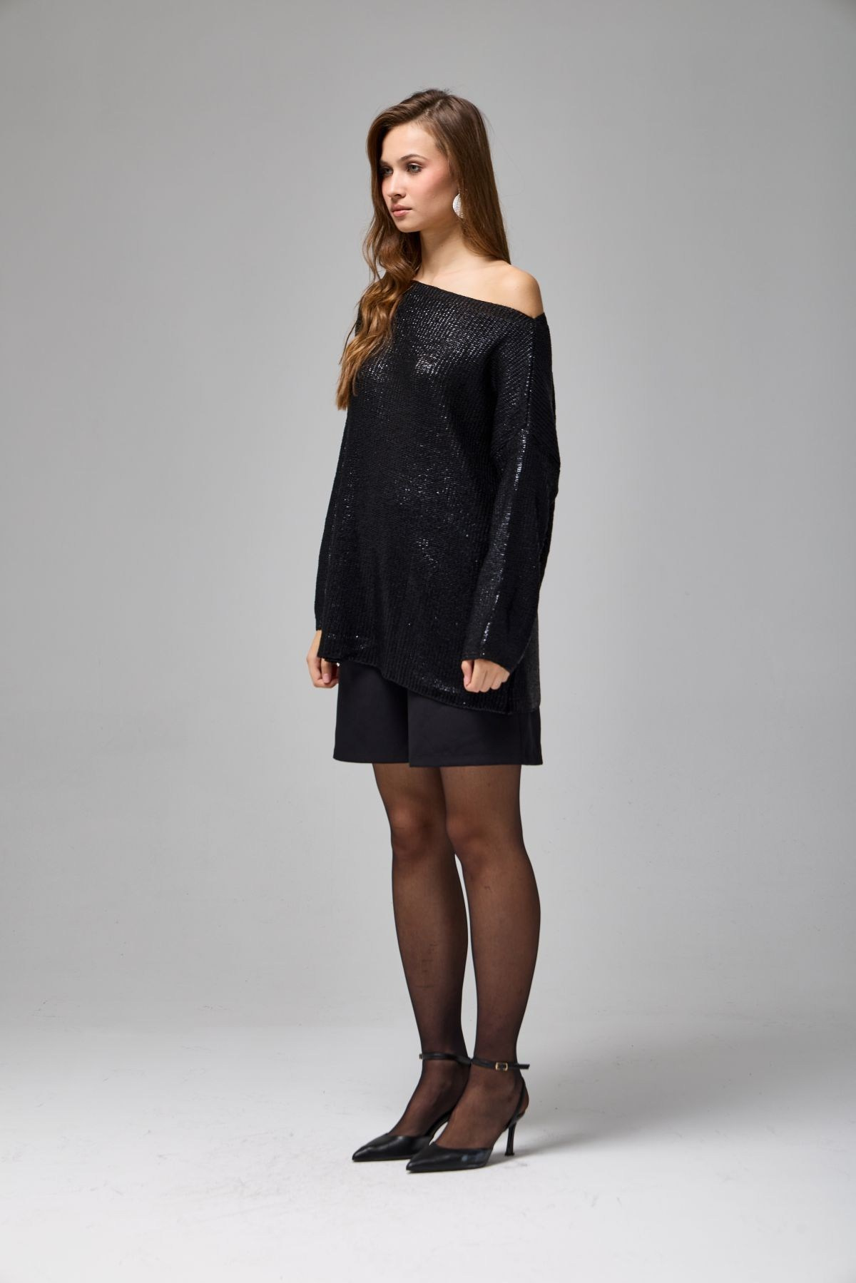 Wholesale Women's Black Shimmering Ribbed Knit Sweater 0037-3714