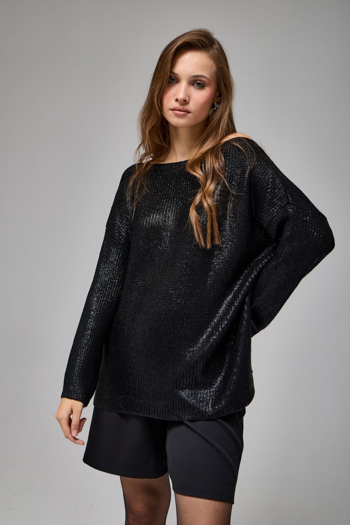 Wholesale Women's Black Shimmering Ribbed Knit Sweater 0037-3714