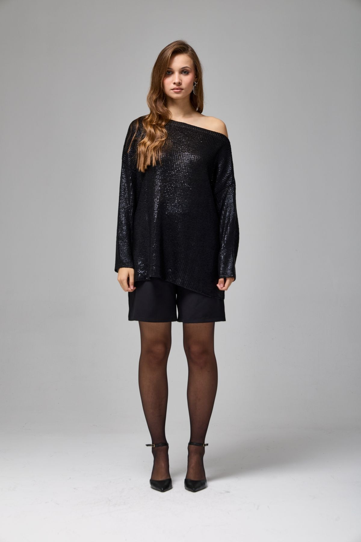 Wholesale Women's Black Shimmering Ribbed Knit Sweater 0037-3714