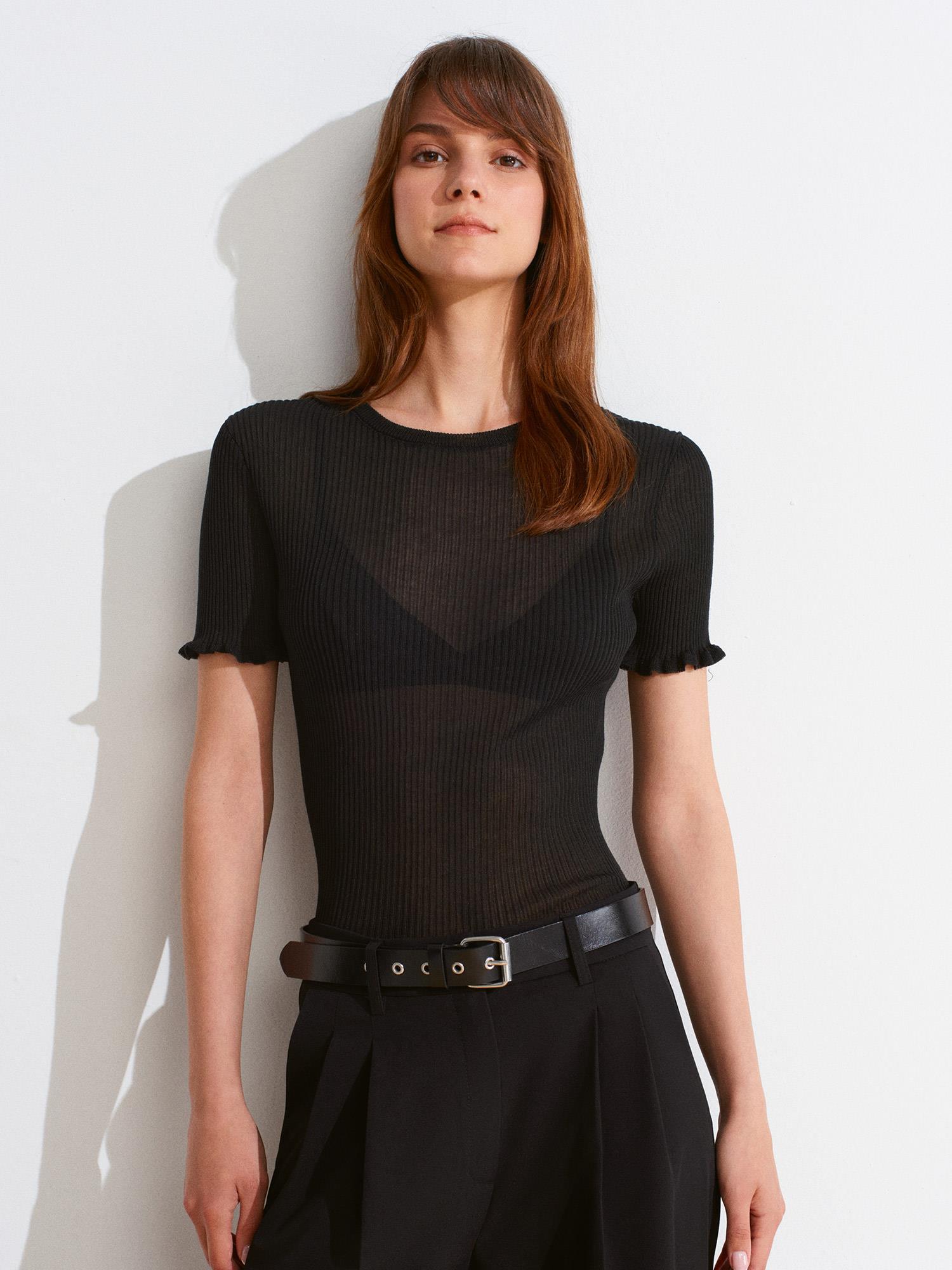 Wholesale Women's Black Short-Sleeve Fine Knit Crew-Neck Blouse with Ruffled Trim 0431W26-10783