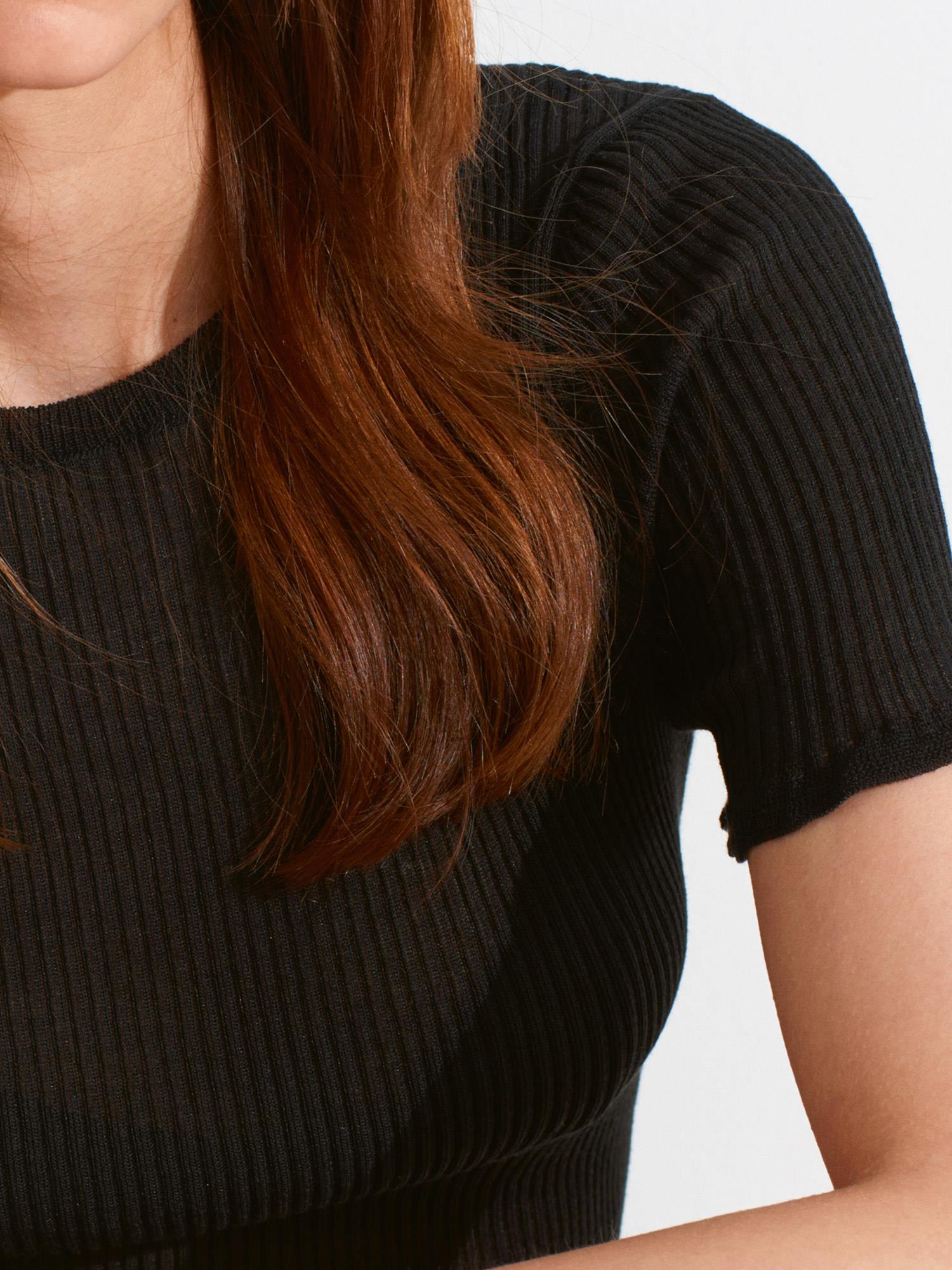 Wholesale Women's Black Short-Sleeve Fine Knit Crew-Neck Blouse with Ruffled Trim 0431W26-10783