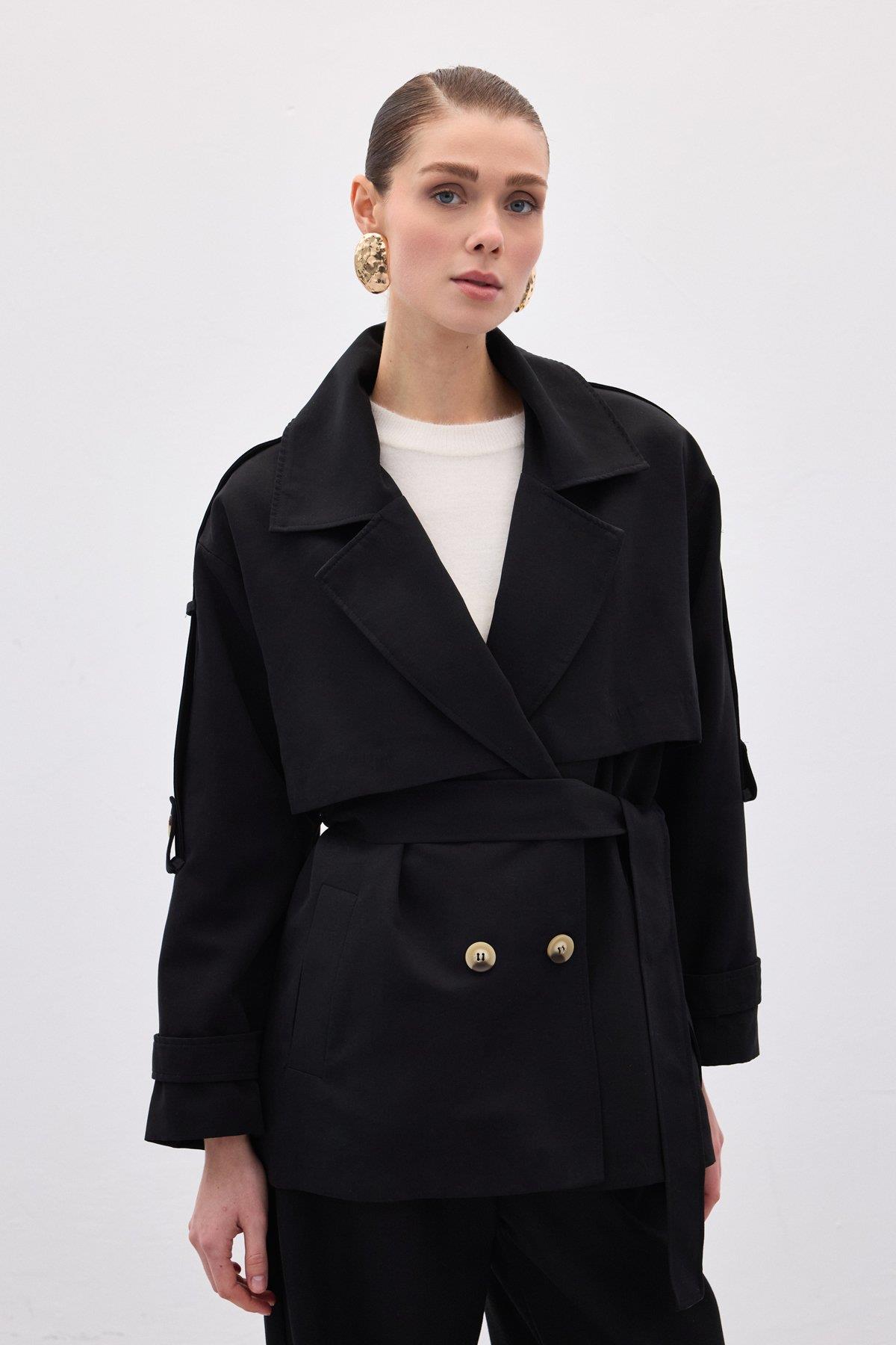 Wholesale Women's Black Short Trench Coat 0033-1918-6618