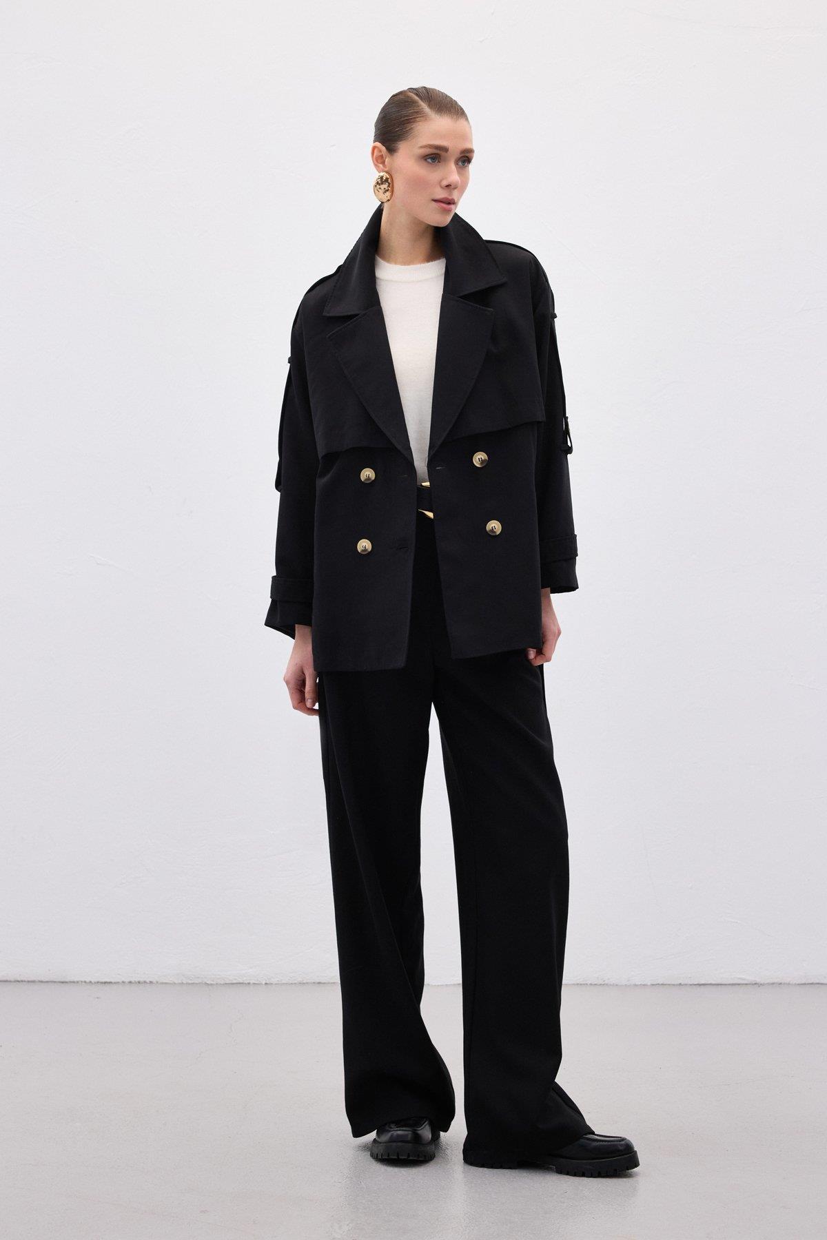 Wholesale Women's Black Short Trench Coat 0033-1918-6618