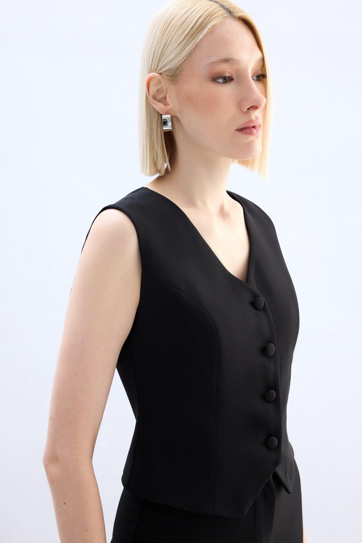 Wholesale Women's Black Single-Breasted Waistcoat 0033-1892-6594