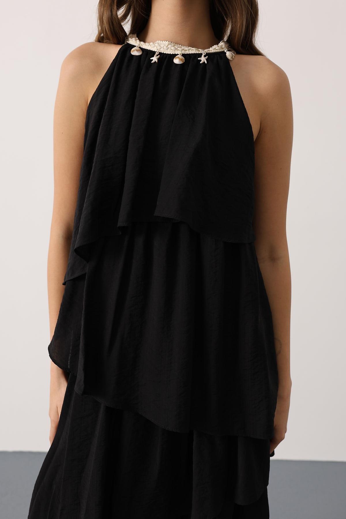 Wholesale Women's Black Sleeveless Layered Dress with Collar Detail 0061-35499