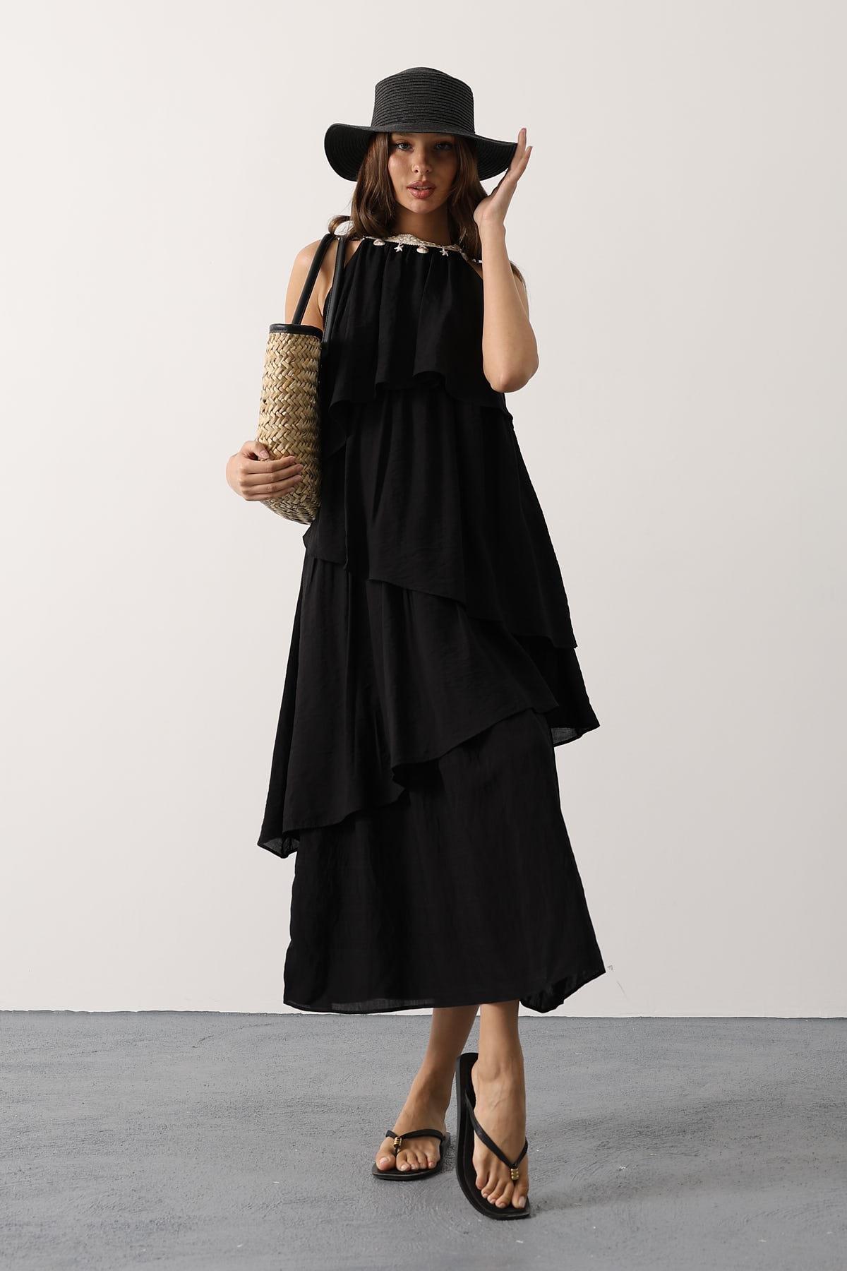 Wholesale Women's Black Sleeveless Layered Dress with Collar Detail 0061-35499